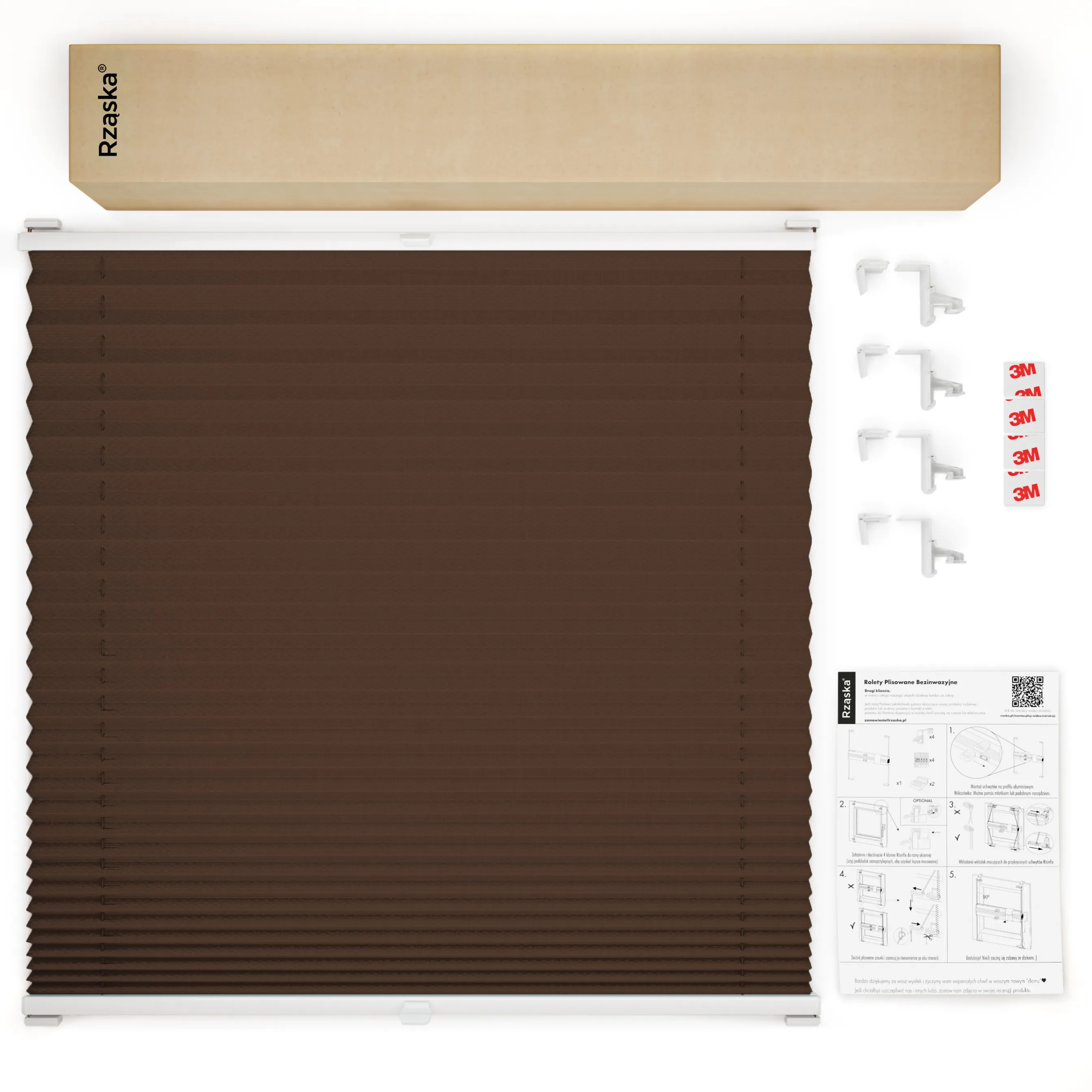Bezinwazyjne plisy okienne Rząska® na wymiar, uchwyty Risinfix Incognito X do zaciskania, kolekcja Premium w kolorze Gorąca czekolada, ciemnego brązu z profilem białym.
