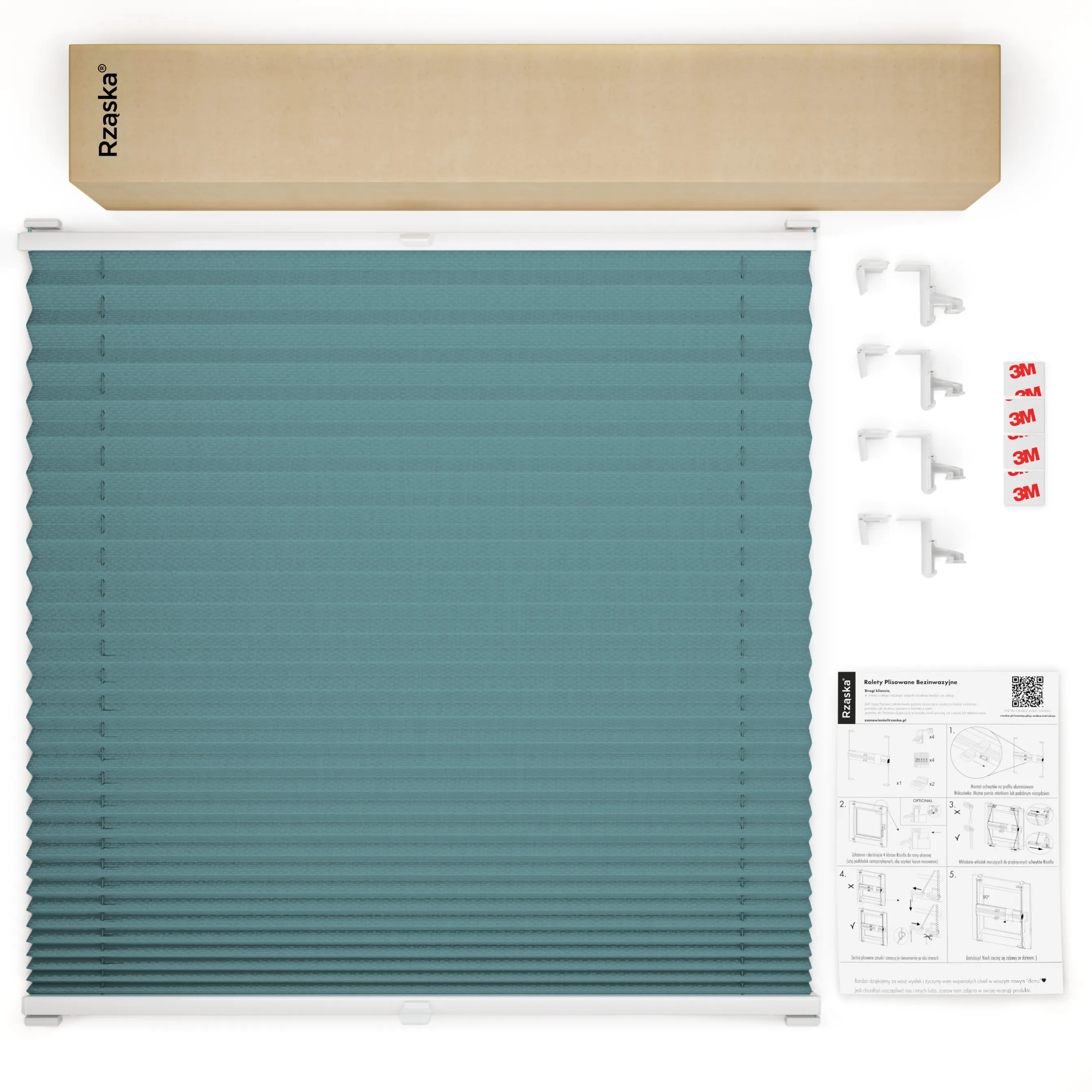 Bezinwazyjne plisy okienne Rząska® na wymiar, uchwyty Risinfix Incognito X do zaciskania, kolekcja Premium w kolorze Spokojna zatoka, gołębiego błekitu z profilem białym.