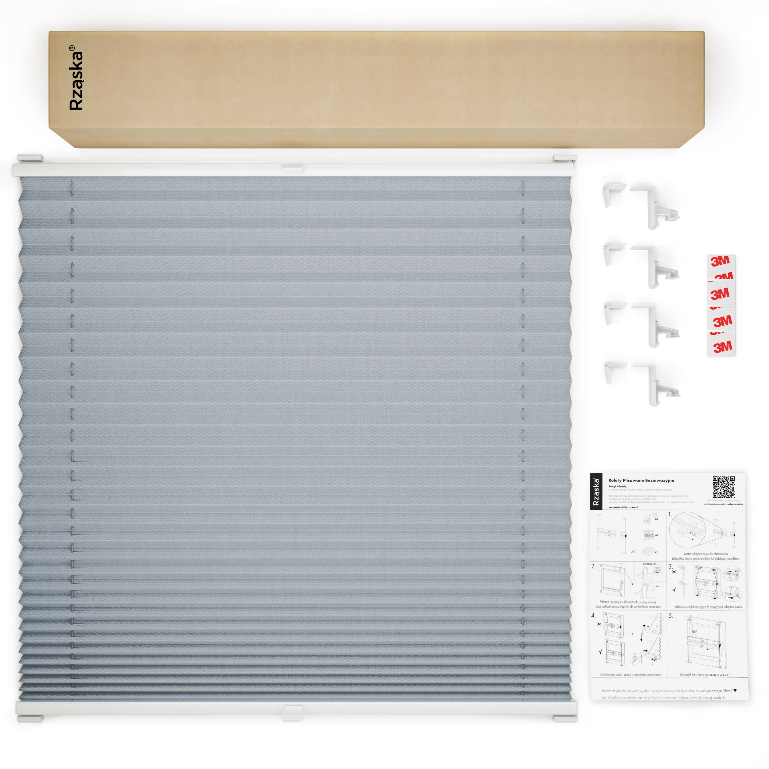 Bezinwazyjne plisy okienne Rząska® na wymiar, uchwyty Risinfix Incognito X do zaciskania, kolekcja Premium w kolorze Srebrna Sonata, szarego z profilem białym.