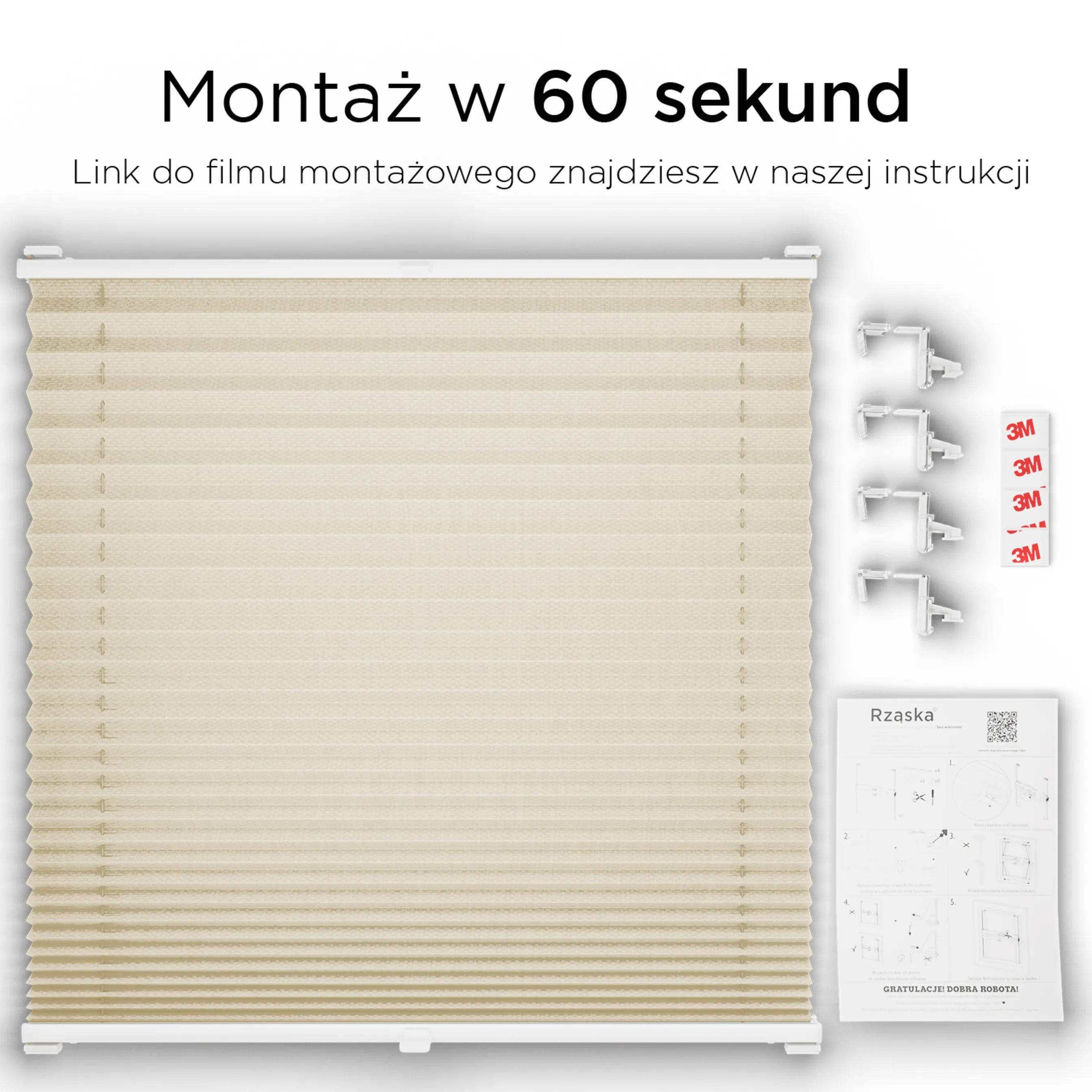 Bezinwazyjne plisy zaciemniające Rząska® na wymiar, uchwyty Risinfix Incognito X do zaciskania, kolekcja Thermo w kolorze Kawa z mlekiem, beżowym z profilem białym.