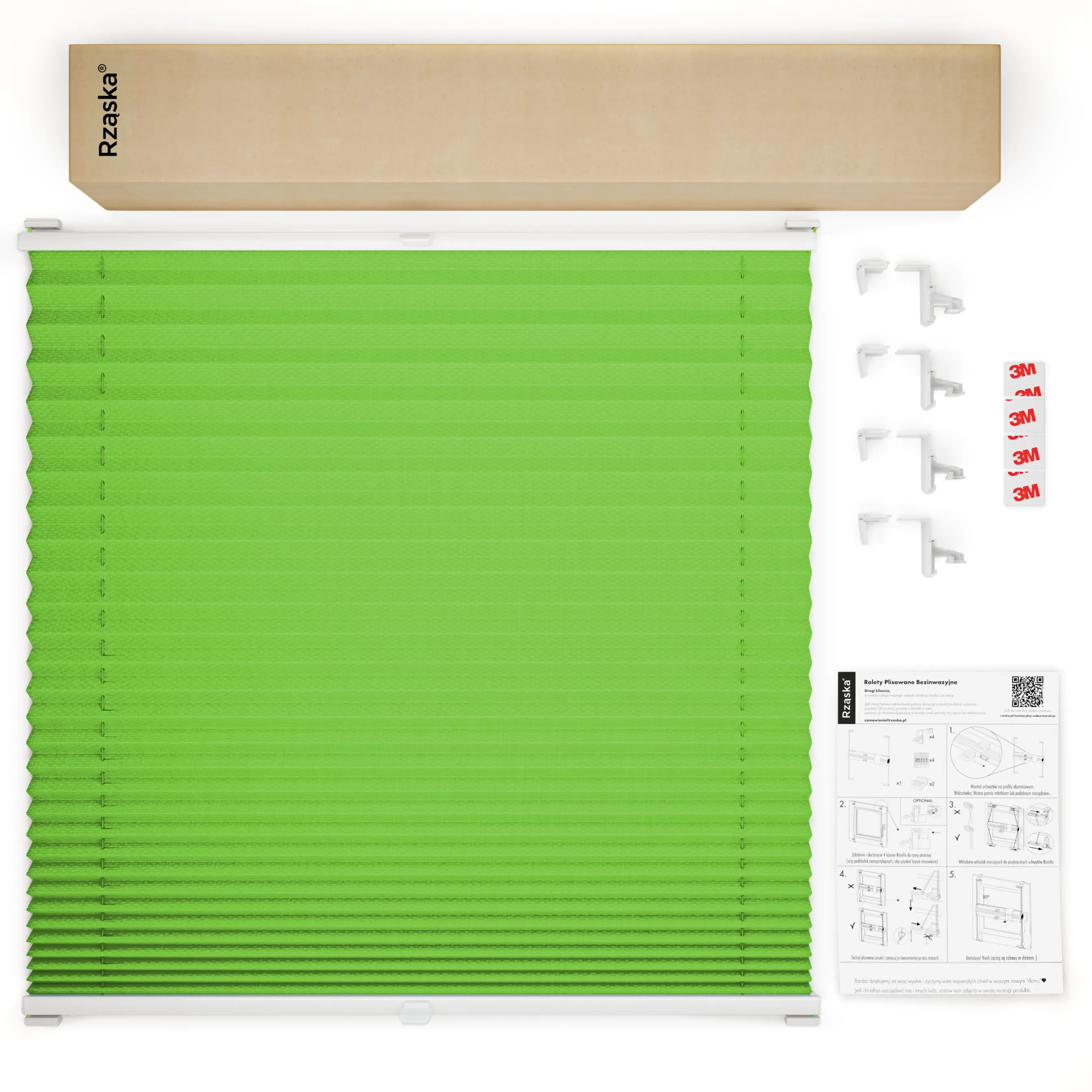 Bezinwazyjne plisy zaciemniające Rząska® na wymiar, uchwyty Risinfix Incognito X do zaciskania, kolekcja Thermo w kolorze Liść radości, zielonym z profilem białym.