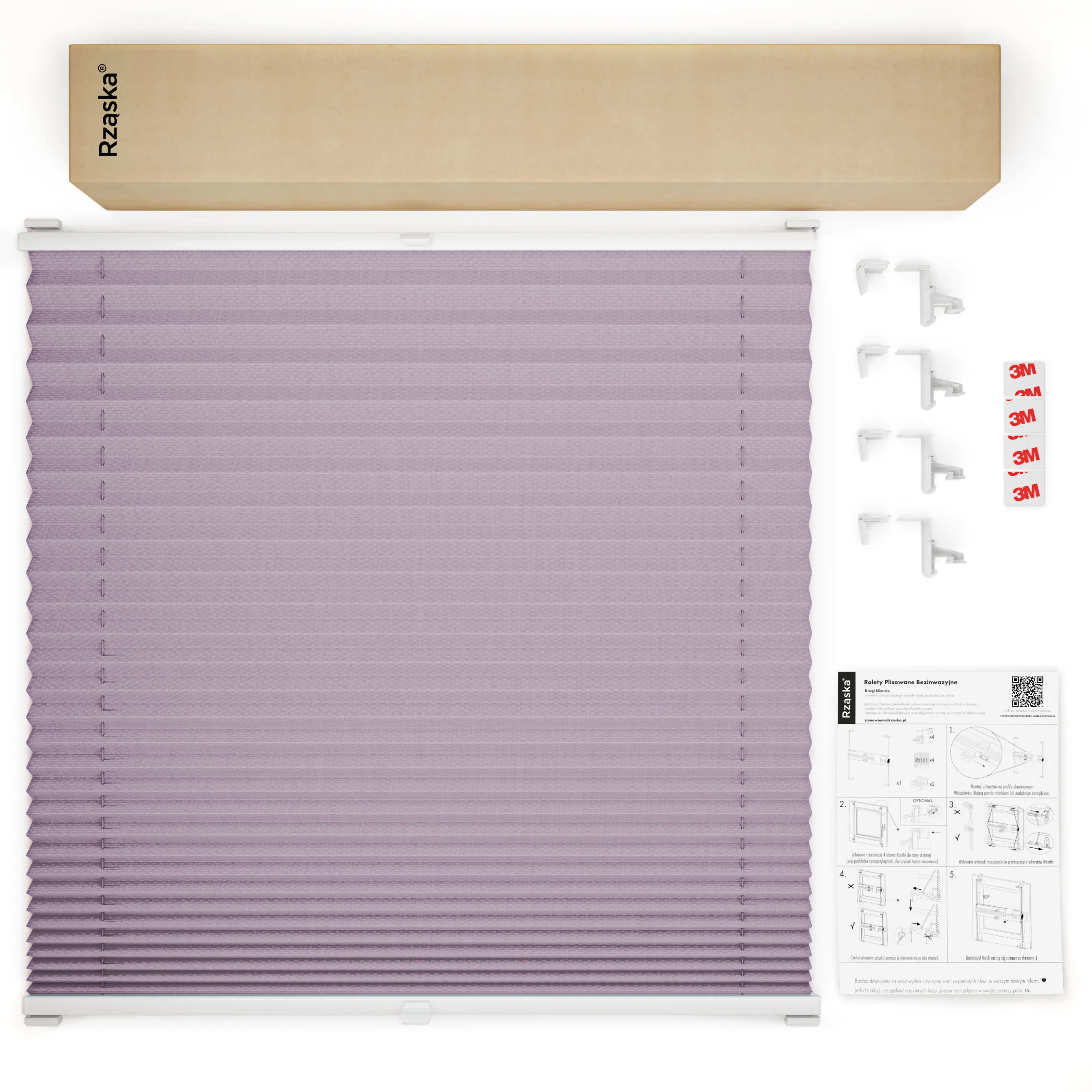 Bezinwazyjne plisy zaciemniające Rząska® na wymiar, uchwyty Risinfix Incognito X do zaciskania, kolekcja Thermo w kolorze Pastelowe winogrono, flioletowym z profilem białym.