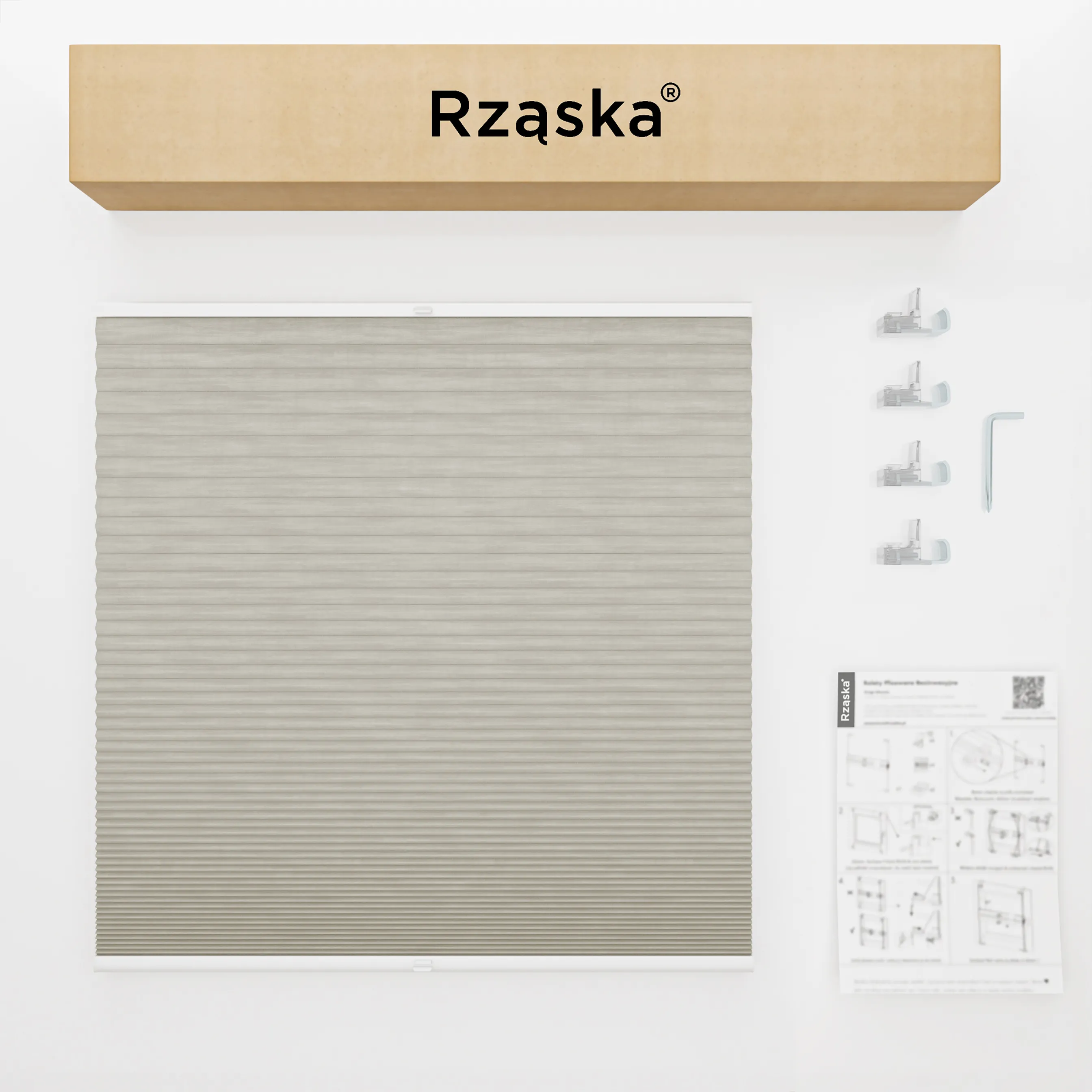 Rząska® bezinwazyjne plisy zaciemniające na wymiar • Thermo Honeycomb (Plaster Miodu): kolor tkaniny Chia Pudding, szary • Risinfix do zaciskania (transparent) • Kolor profili: orzech