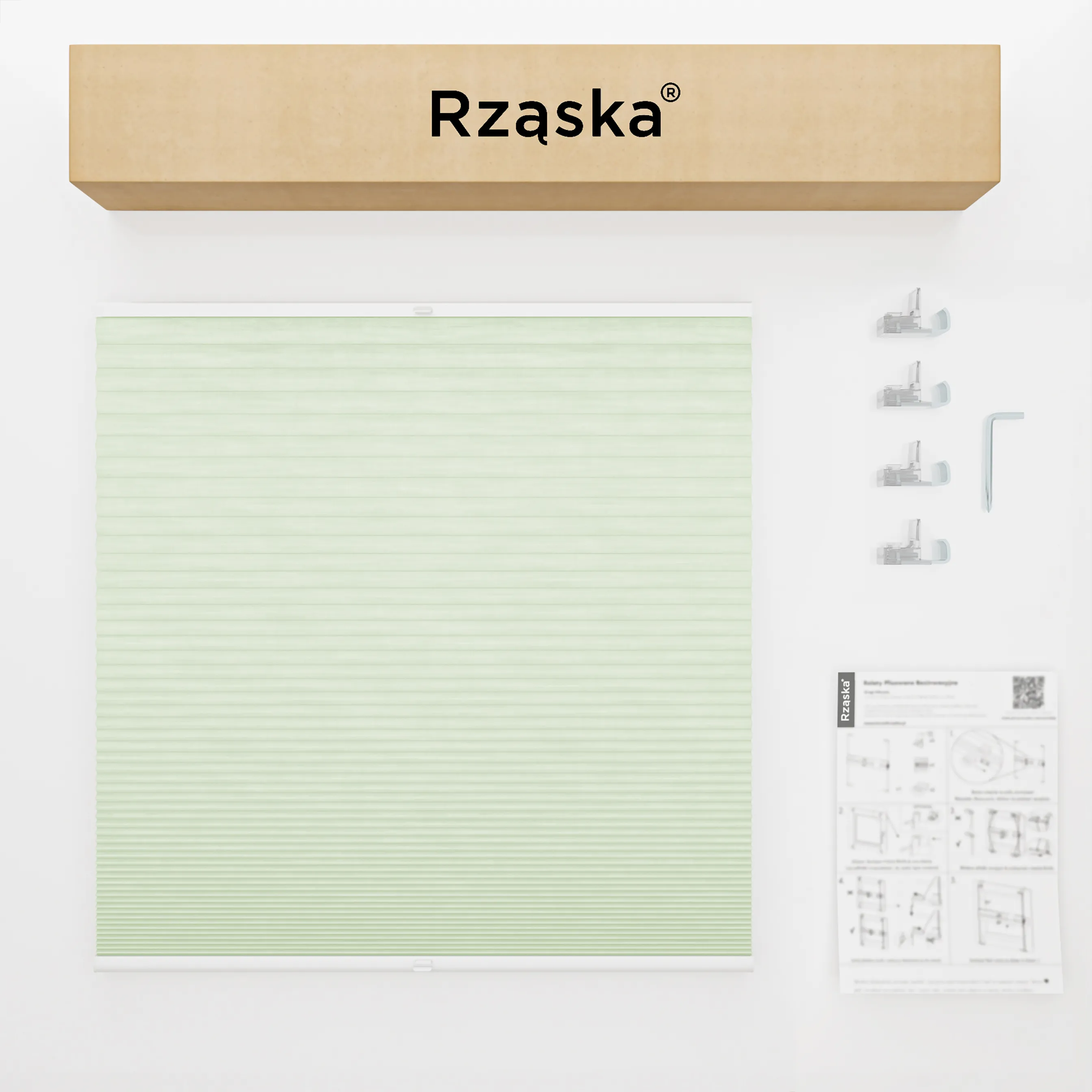 Rząska® bezinwazyjne plisy zaciemniające na wymiar • Thermo Honeycomb (Plaster Miodu): kolor tkaniny Matcha Latte, pastelowa zieleń • Risinfix do zaciskania (transparent) • Kolor profili: orzech