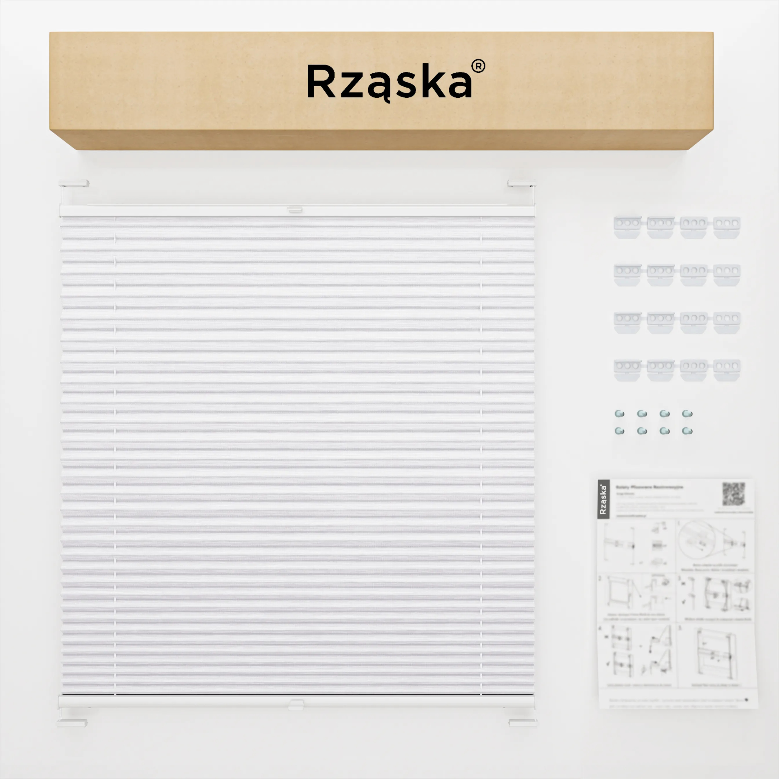 Inwazyjne rolety plisowane Rząska® na wymiar, uchwyty Risinfix do przykręcania, kolekcja Dolomite w kolorze Zimny poranek, szarym z profilem białym.