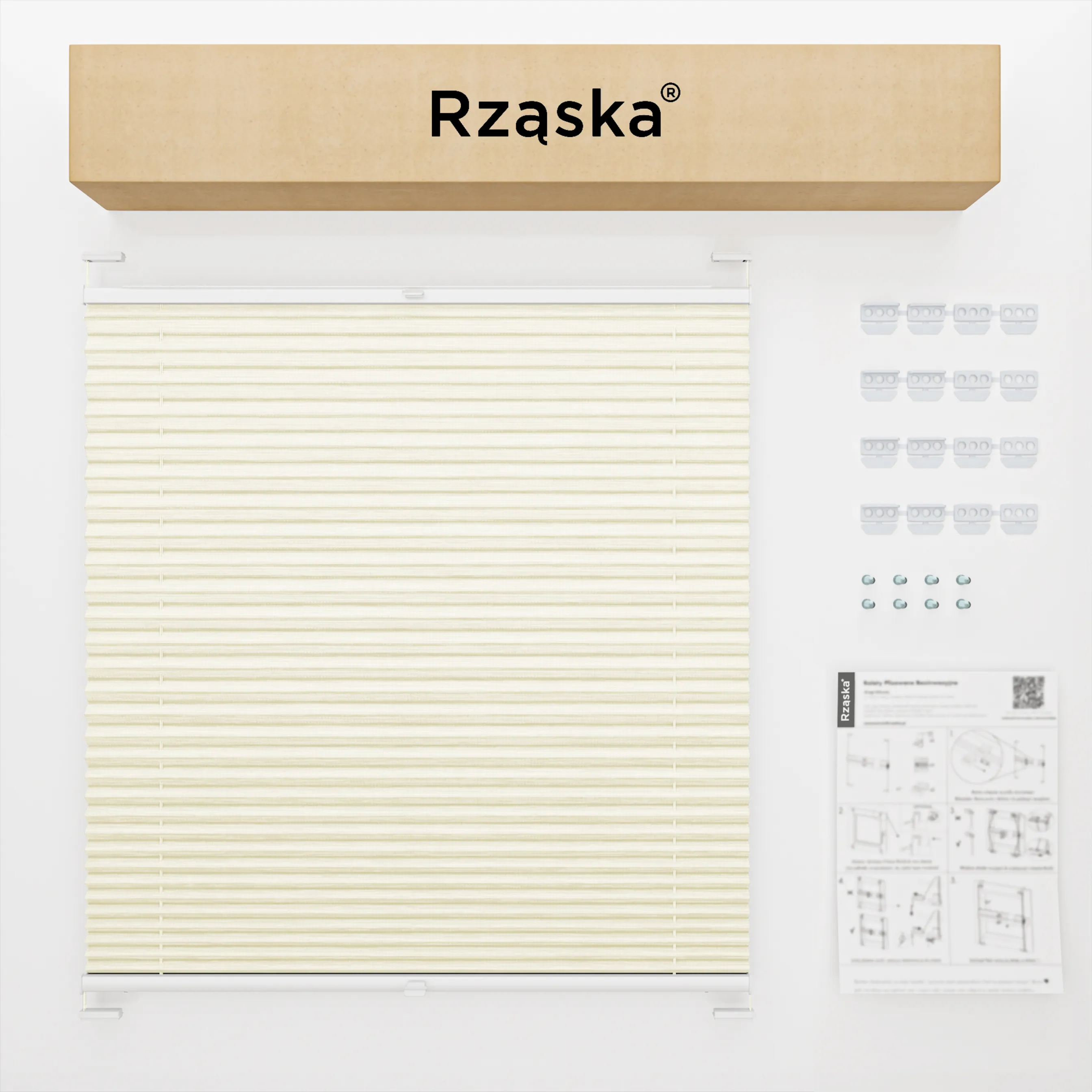 Inwazyjne rolety plisowane Rząska® na wymiar, uchwyty Risinfix do przykręcania, kolekcja Dolomite w kolorze Waniliowe niebo, beżowym z profilem białym.