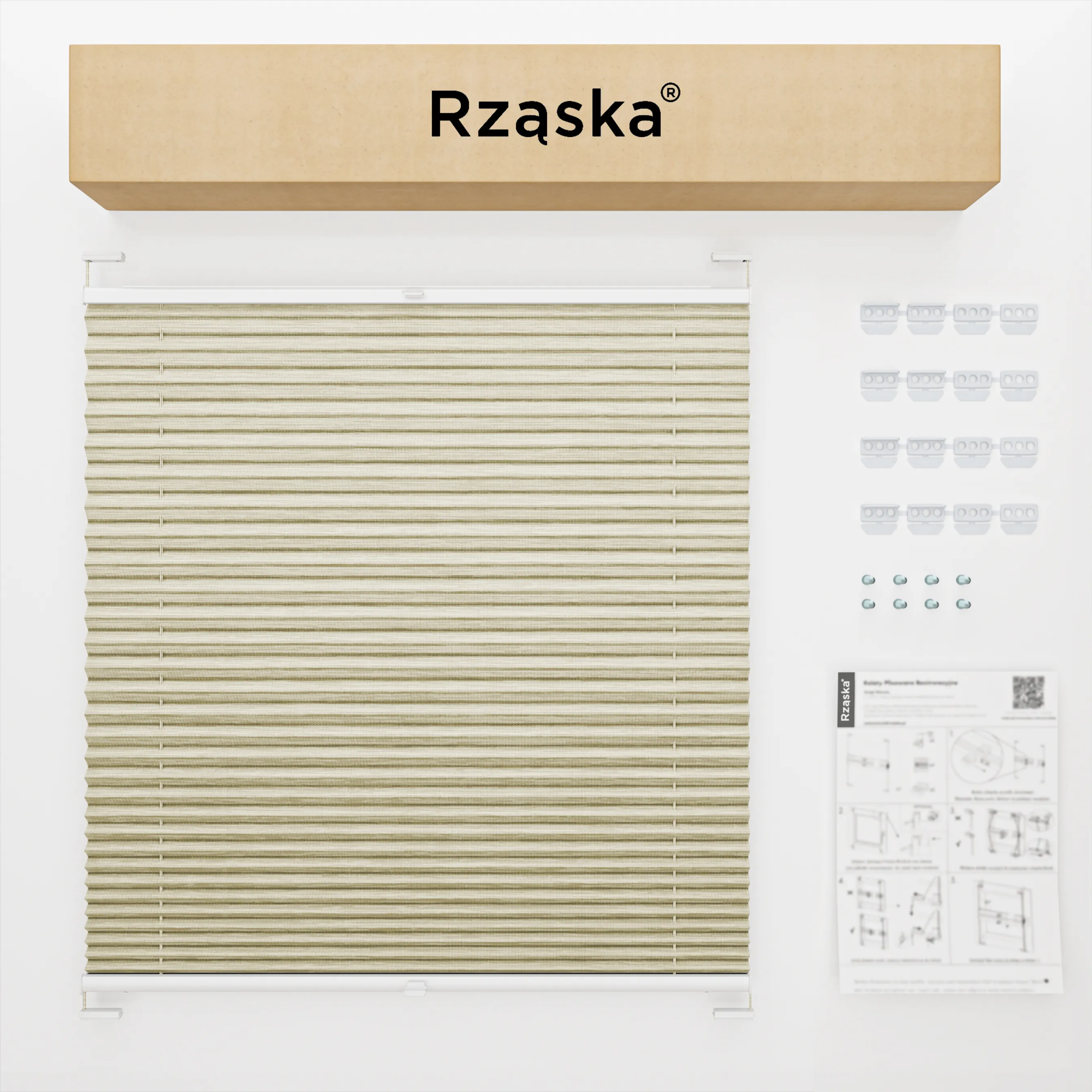 Inwazyjne rolety plisowane Rząska® na wymiar, uchwyty Risinfix do przykręcania, kolekcja Dolomite w kolorze Lekka kawa, beżowym z profilem białym.