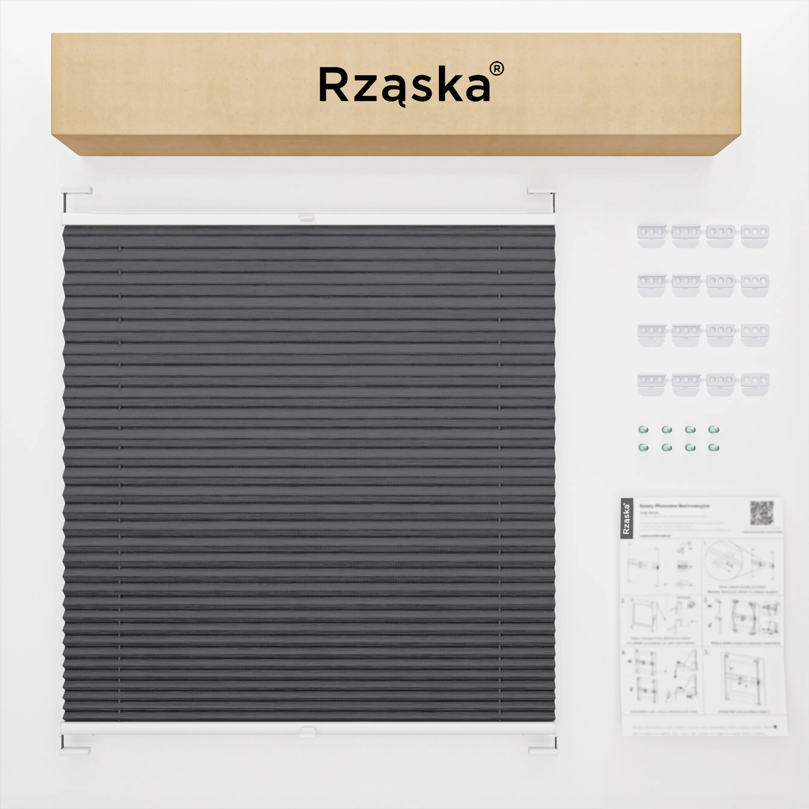 Inwazyjne rolety plisowane Rząska® na wymiar, uchwyty Risinfix do przykręcania, kolekcja Dolomite w kolorze Ciemny vintage, szarym z profilem brązowym.