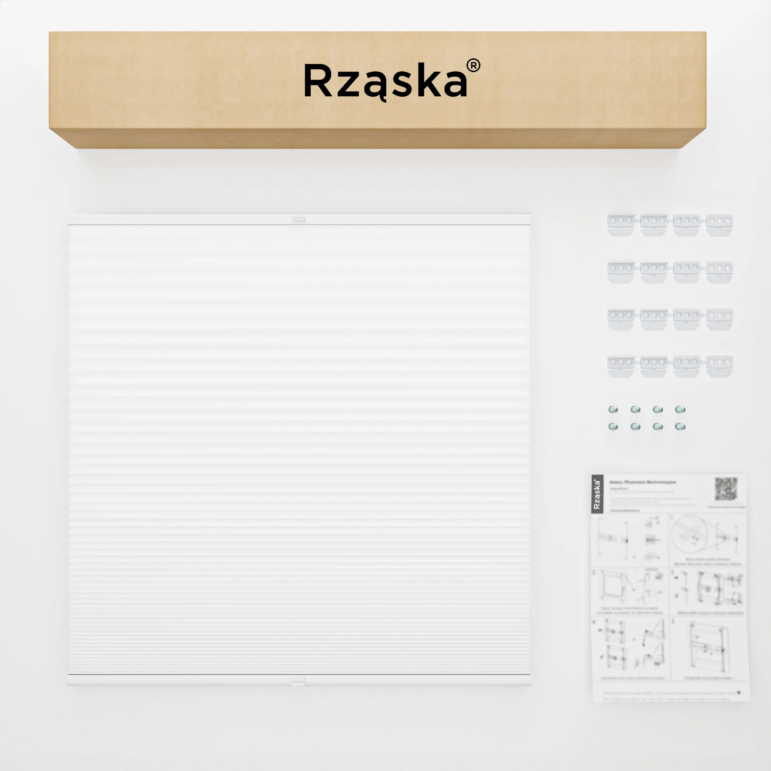 Inwazyjne plisy, rolety termoizolacyjne Rząska® na wymiar o strukturze plastra miodu kolekcja Honeycomb w kolorze Światło księżyca, białym z profilem antracytowym.