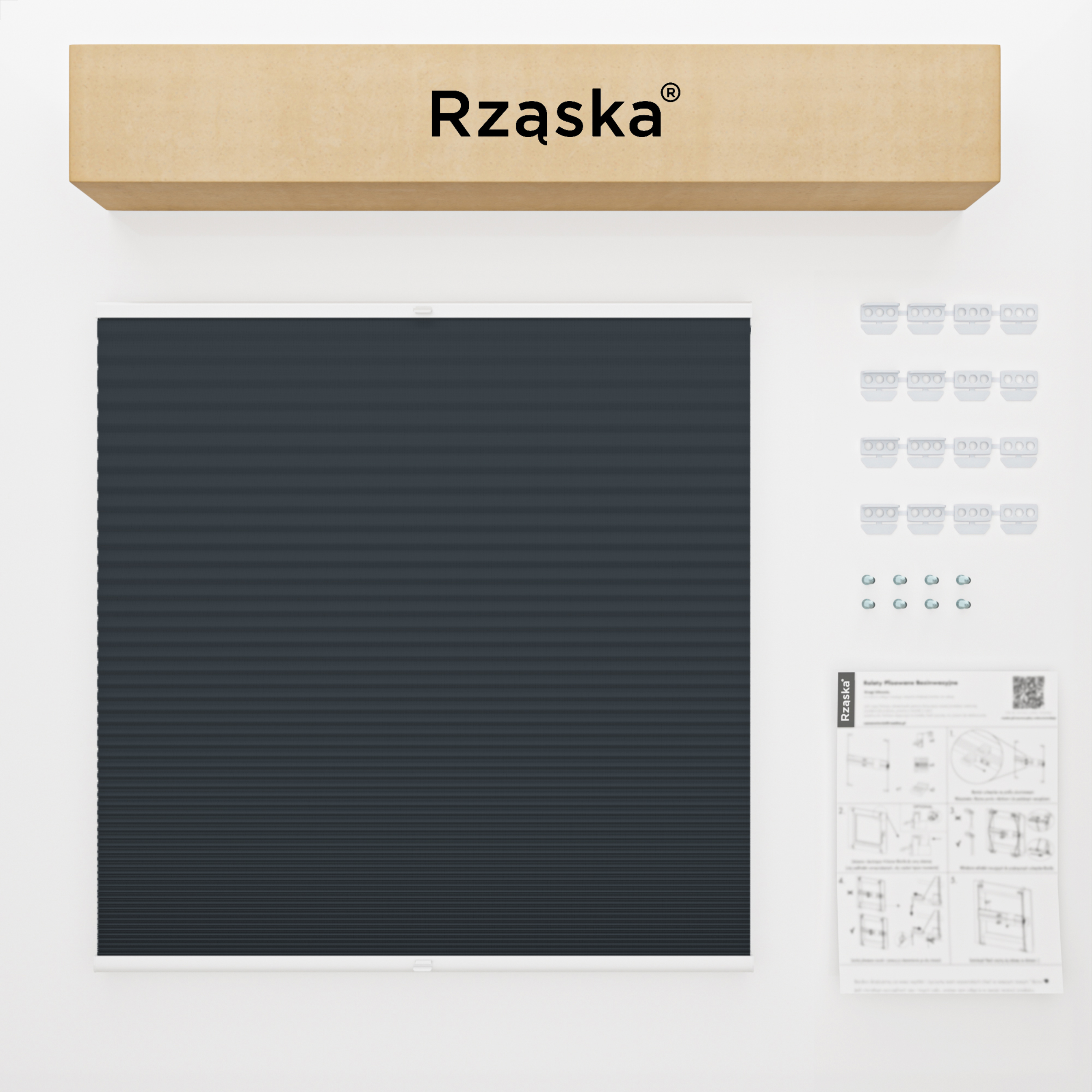 Inwazyjne plisy, rolety termoizolacyjne Rząska® na wymiar o strukturze plastra miodu kolekcja Honeycomb w kolorze Popiół Północy, antracytowym z profilem brązowym.