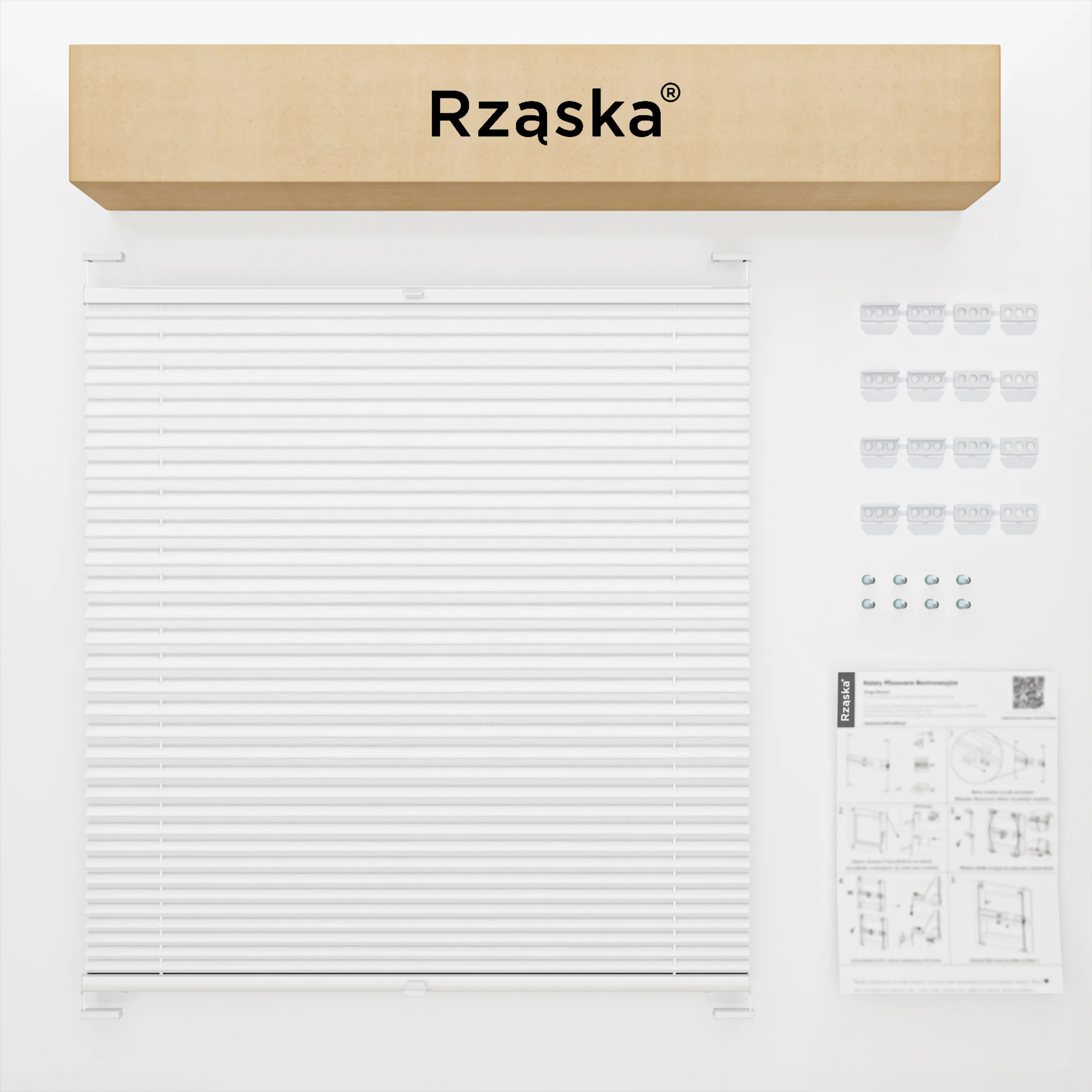 Inwazyjne rolety na okna Rząska® pod wymiar, uchwyty Risinfix do przykręcania, kolekcja Premium w kolorze Białe święto, białym z profilem dębowym.
