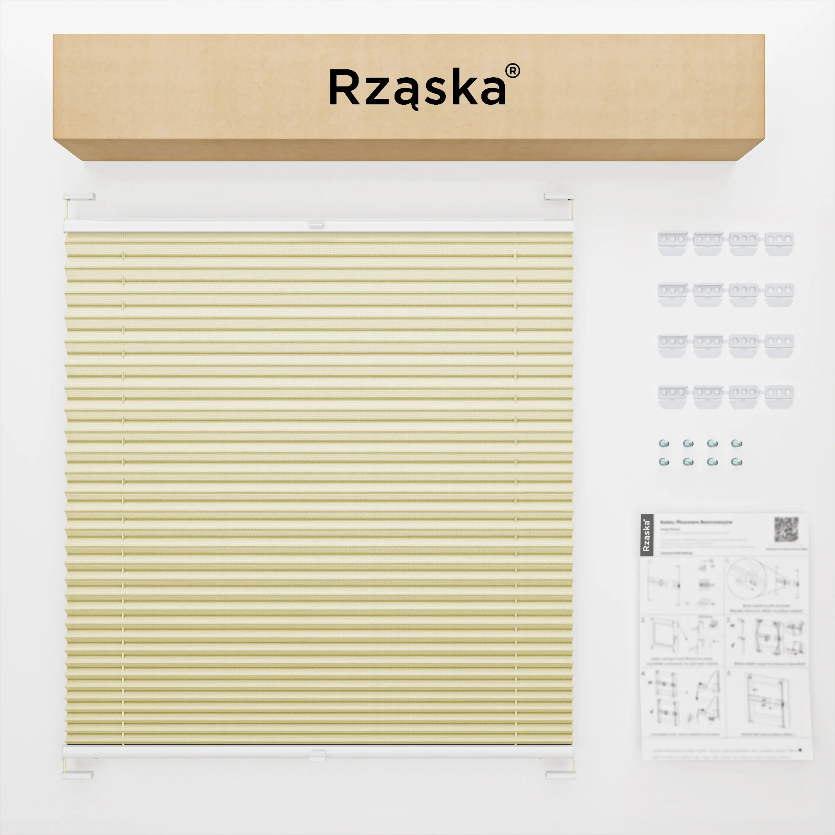 Inwazyjne rolety na okna Rząska® pod wymiar, uchwyty Risinfix do przykręcania, kolekcja Premium w kolorze Lody waniliowe, kremowym z profilem białym.