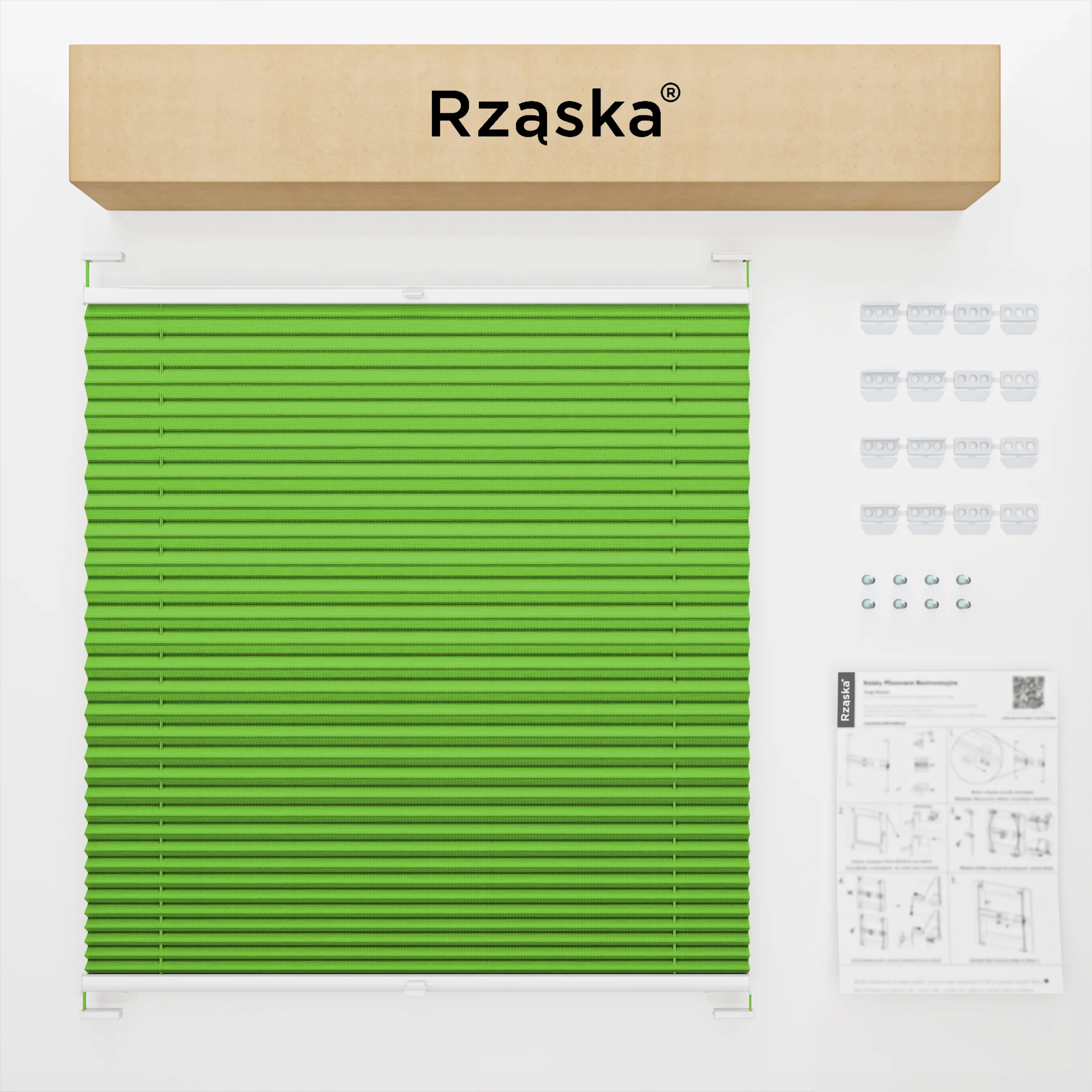Inwazyjne rolety na okna Rząska® pod wymiar, uchwyty Risinfix do przykręcania, kolekcja Premium w kolorze Zielona łąka, zielonym z profilem białym.