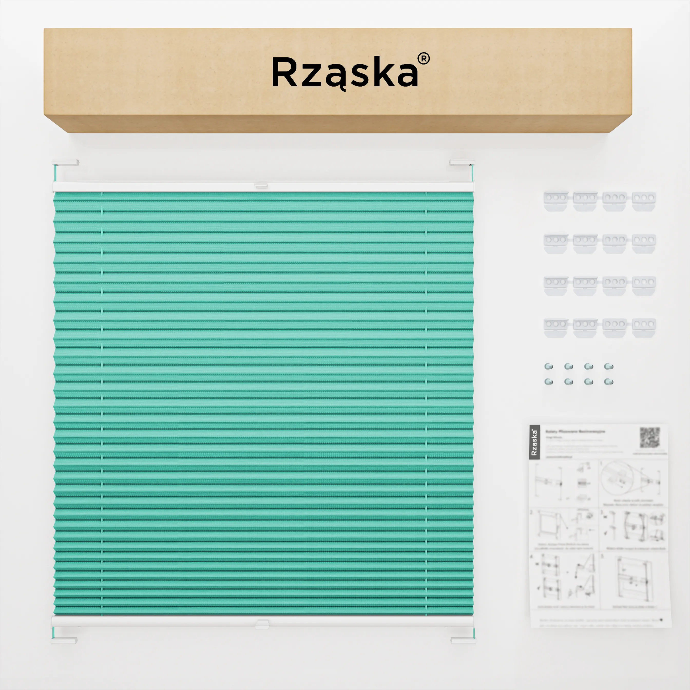 Inwazyjne rolety na okna Rząska® pod wymiar, uchwyty Risinfix do przykręcania, kolekcja Premium w kolorze Błękitny ocean, turkusowym z profilem białym.