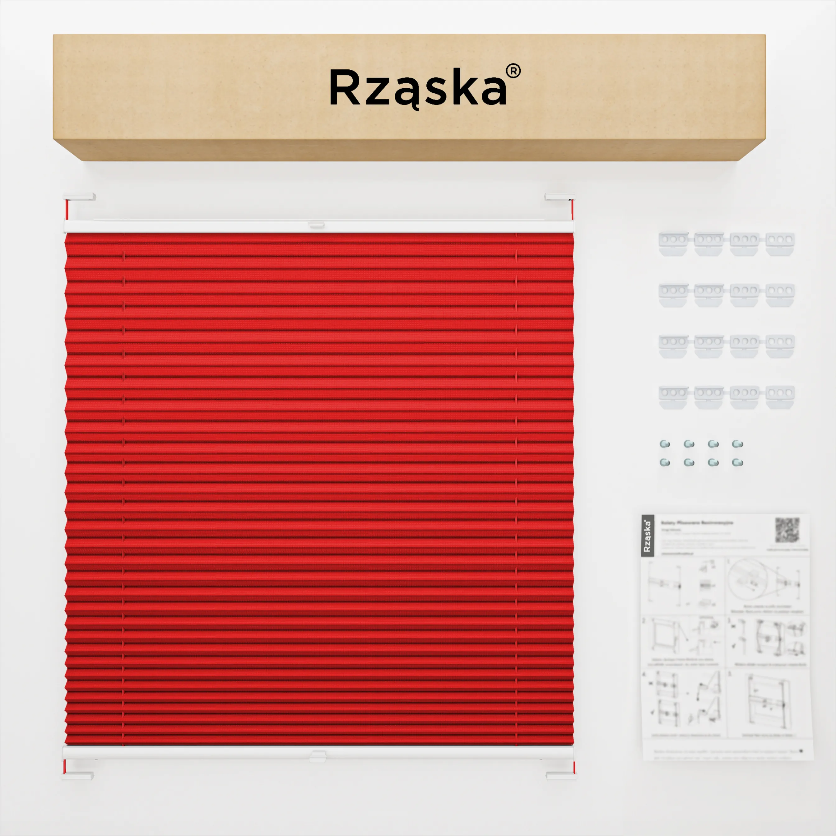 Inwazyjne rolety na okna Rząska® pod wymiar, uchwyty Risinfix do przykręcania, kolekcja Premium w kolorze Usta Geishy, czerwonym z profilem białym.