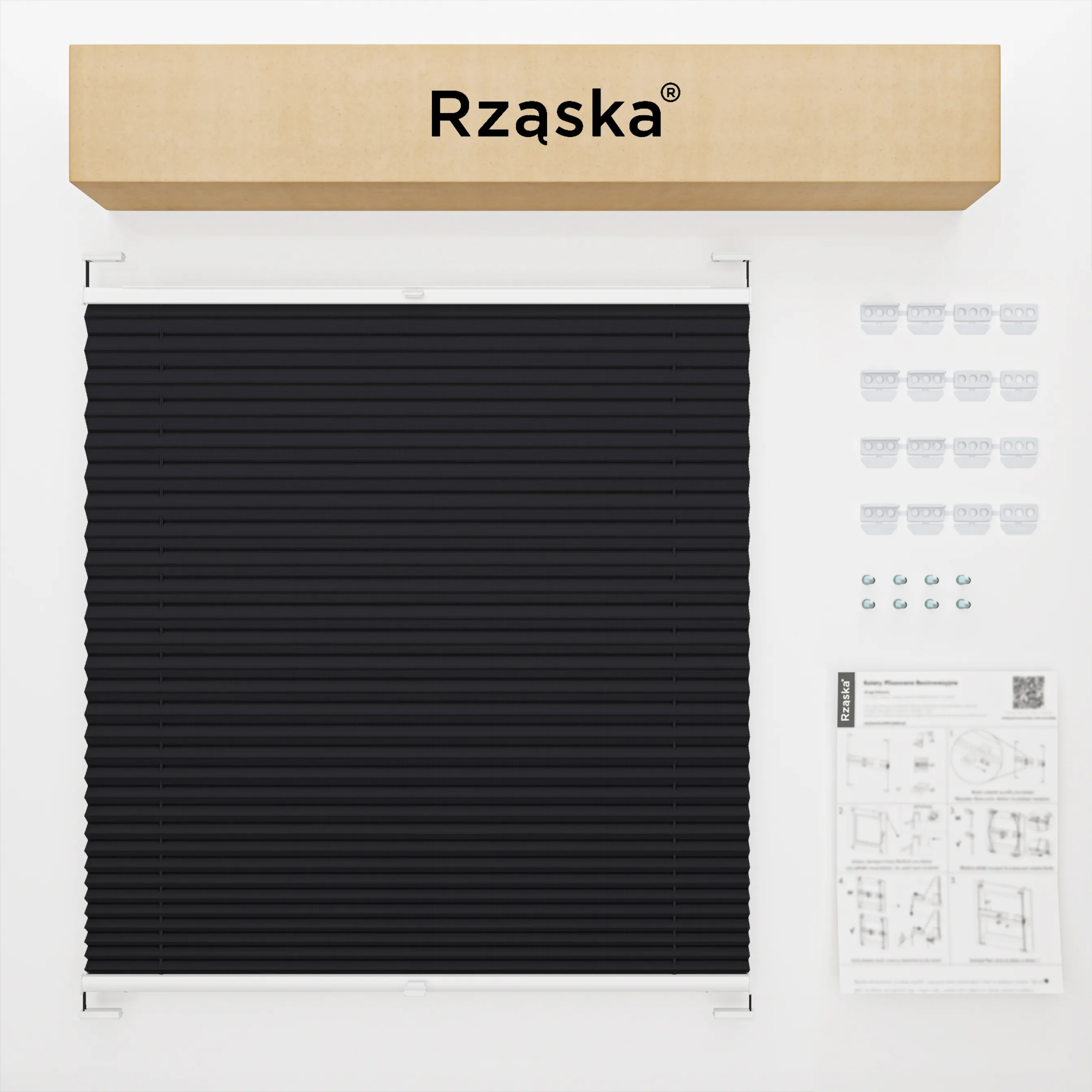 Inwazyjne rolety na okna Rząska® pod wymiar, uchwyty Risinfix do przykręcania, kolekcja Premium w kolorze Śląski węgiel, czarnym z profilem białym.