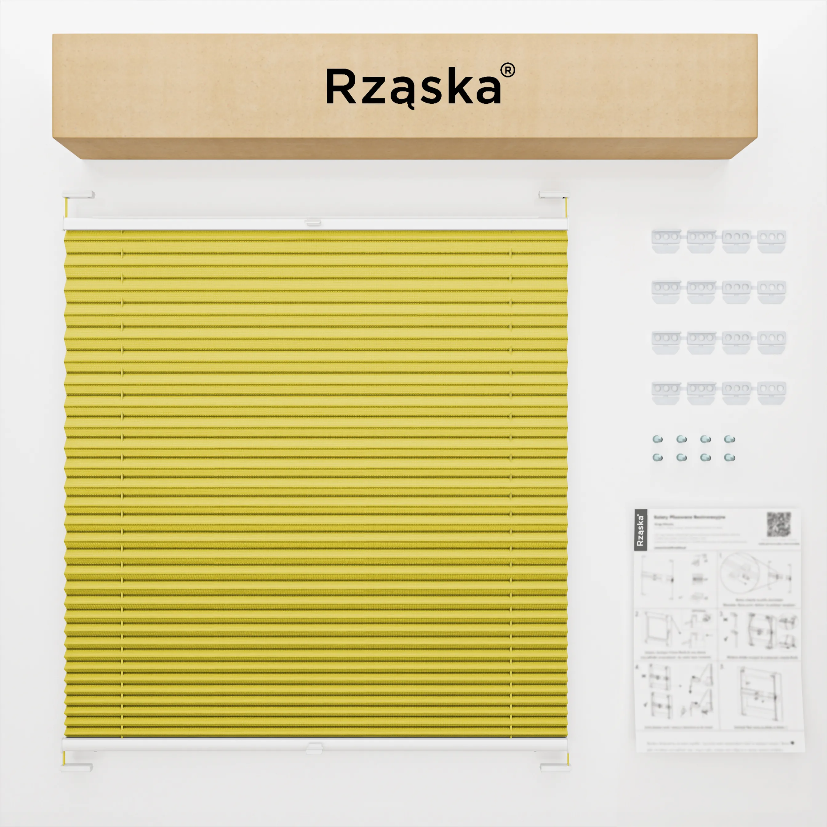 Inwazyjne rolety na okna Rząska® pod wymiar, uchwyty Risinfix do przykręcania, kolekcja Premium w kolorze Wakacyjny czas ,zółtym z profilem białym.