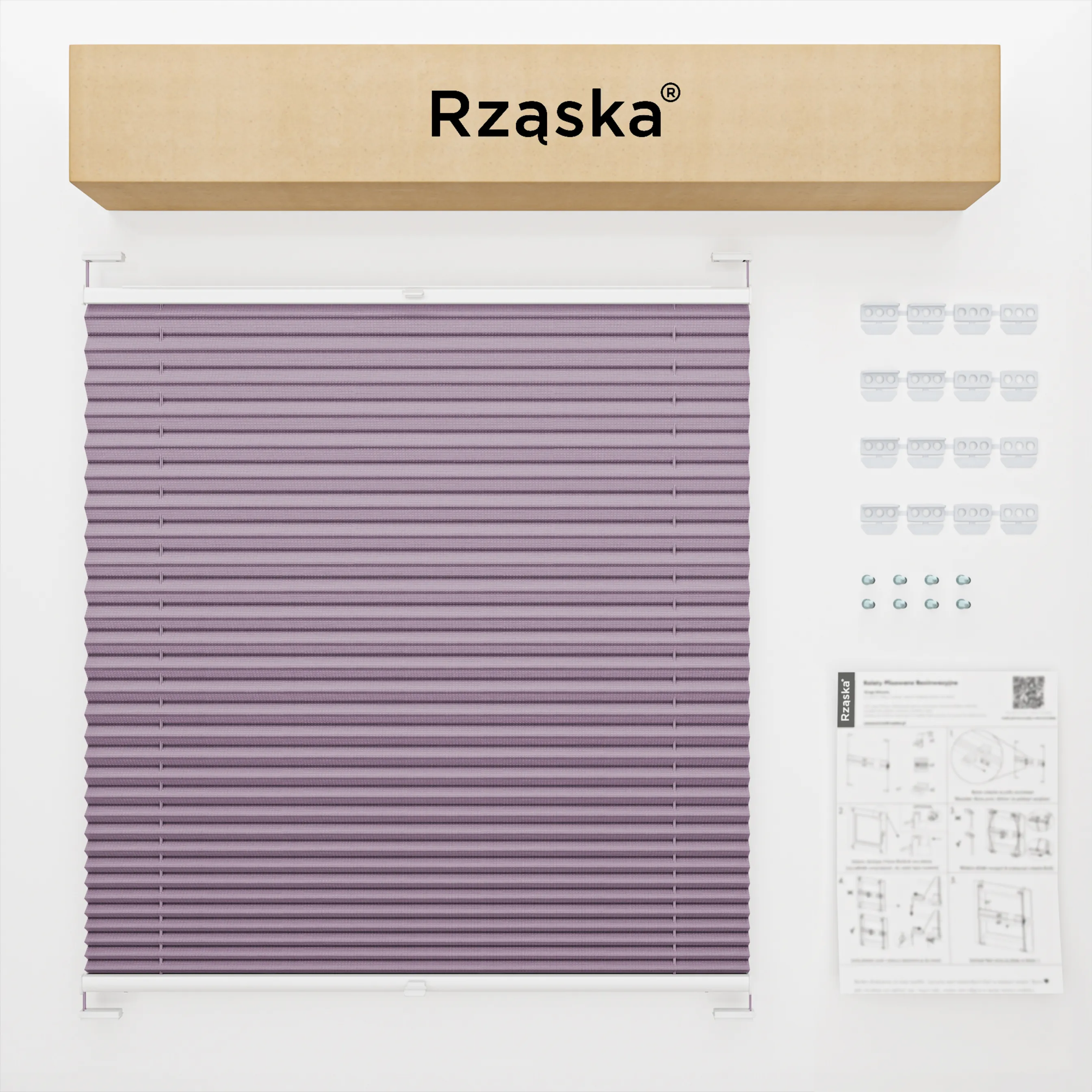 Inwazyjne rolety na okna Rząska® pod wymiar, uchwyty Risinfix do przykręcania, kolekcja Premium w kolorze Śliwkowy urok, flioletowym z profilem białym.