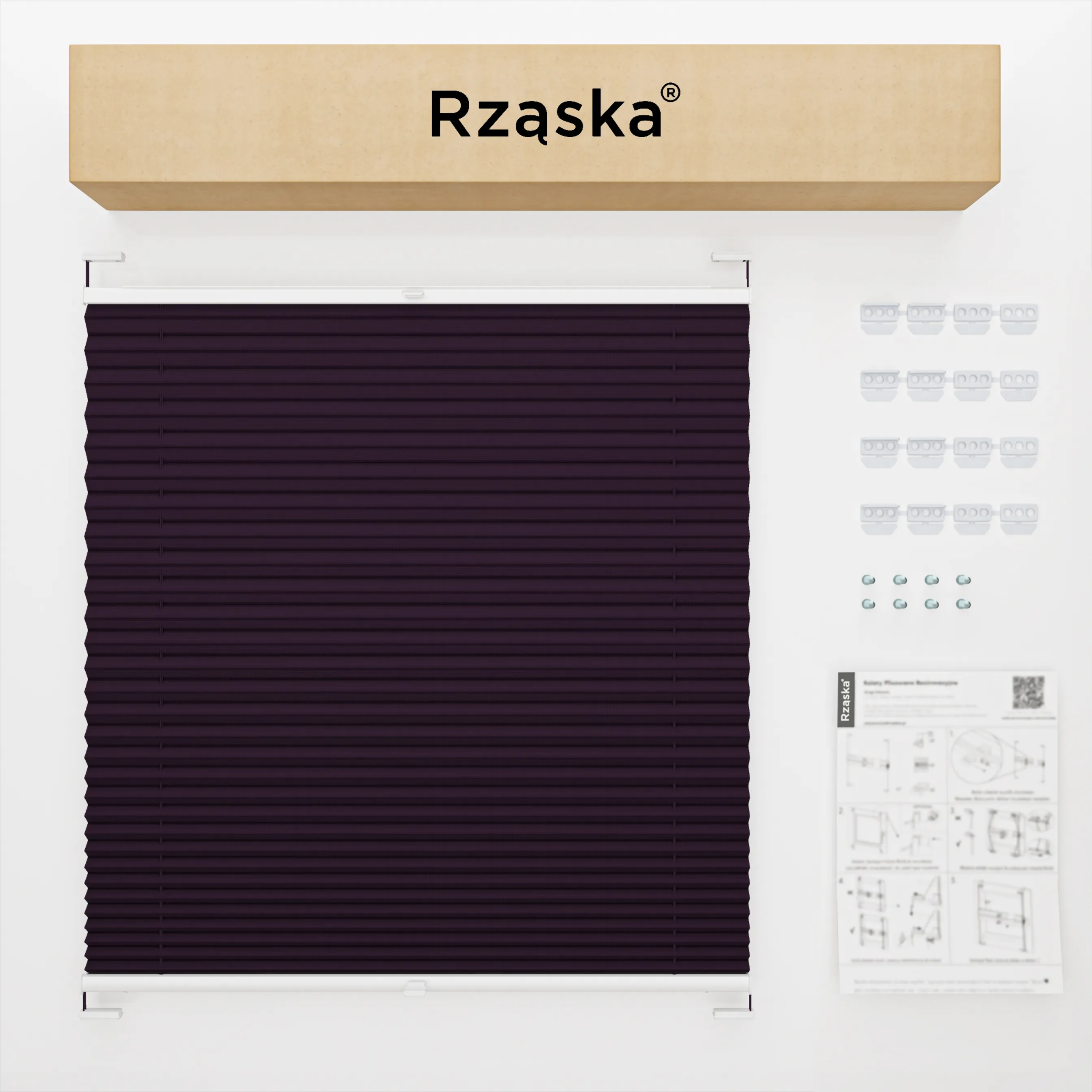Inwazyjne rolety na okna Rząska® pod wymiar, uchwyty Risinfix do przykręcania, kolekcja Premium w kolorze Muza północy, flioletowym z profilem białym.