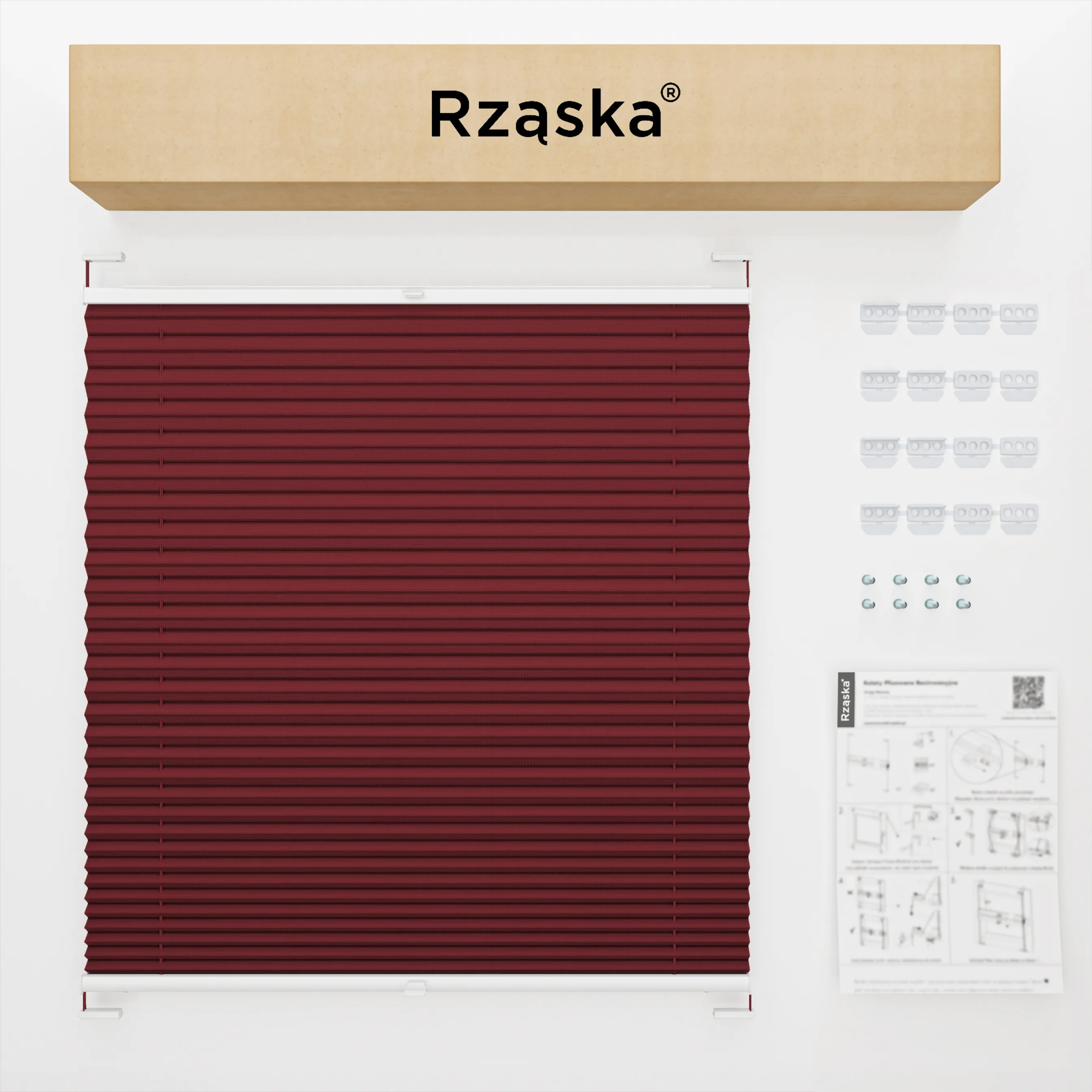 Inwazyjne rolety na okna Rząska® pod wymiar, uchwyty Risinfix do przykręcania, kolekcja Premium w kolorze Rubinowa Zagadka, ciemno czerwonym z profilem białym.