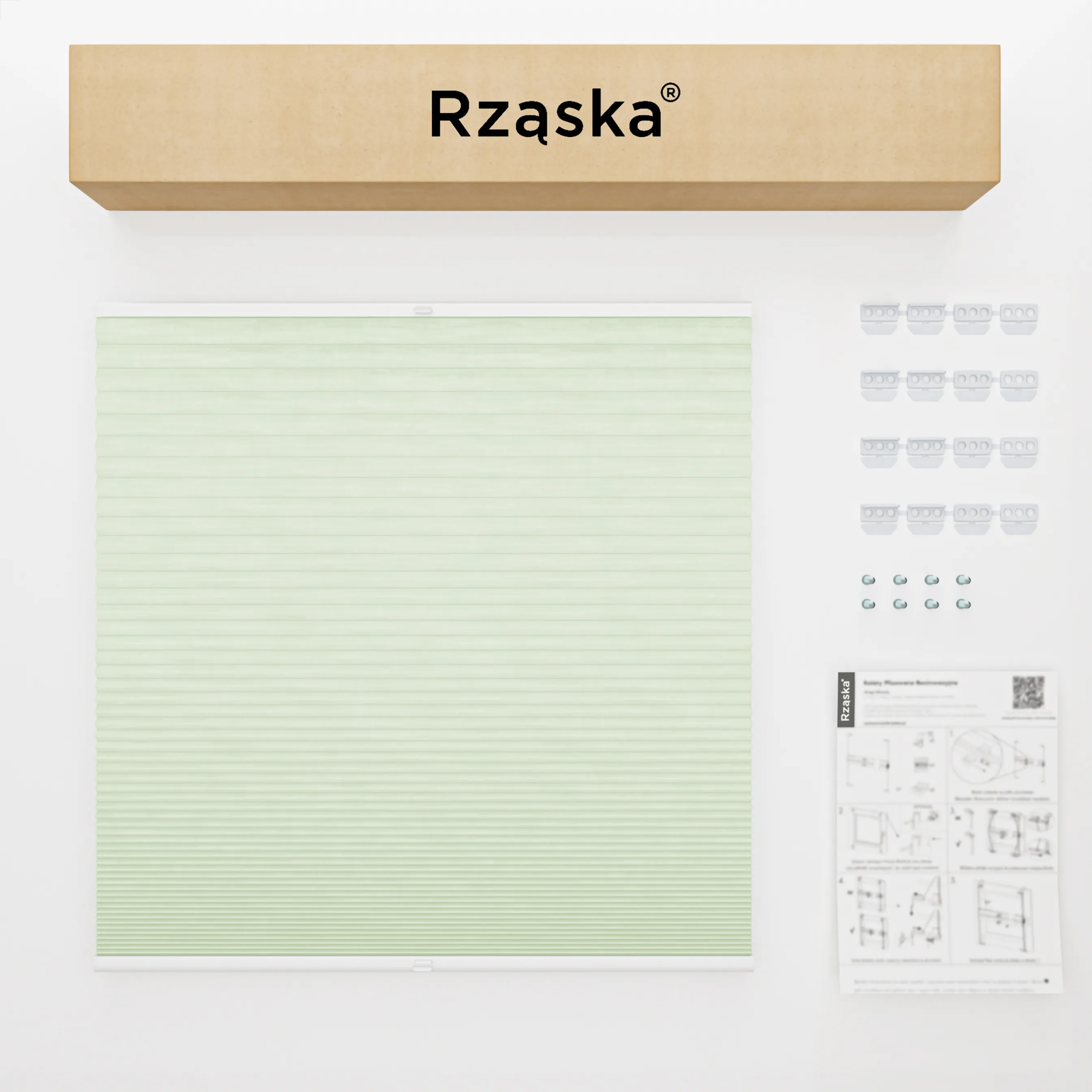 Rząska® dachowa roleta plisowana na wymiar • Thermo Honeycomb (Plaster Miodu): kolor tkaniny Matcha Latte, pastelowa zieleń • kolor profili biały