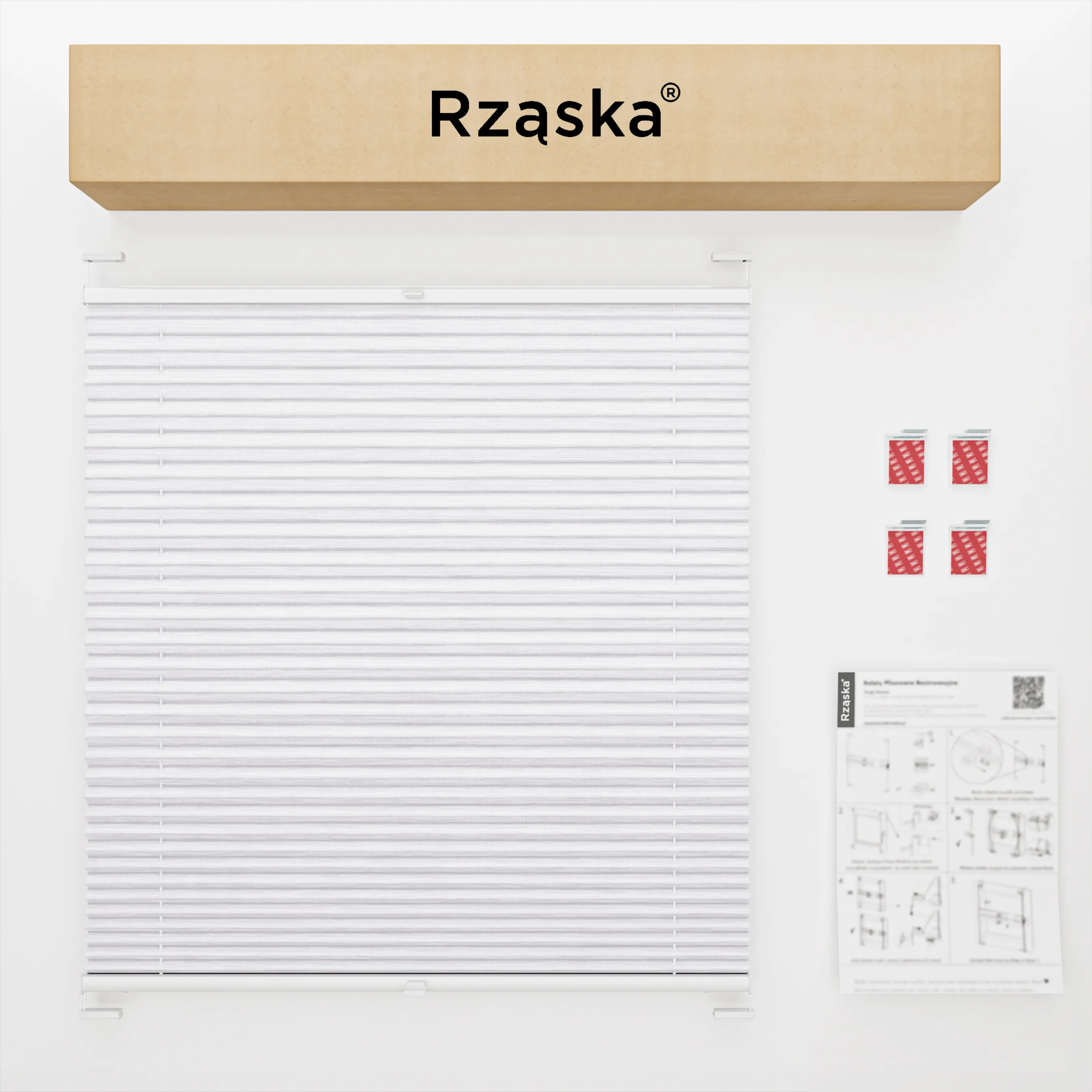 Bezinwazyjne rolety plisowane Rząska® na wymiar, uchwyty Risinfix do klejenia, kolekcja Dolomite w kolorze Zimny poranek, szarym z profilem srebrnym.