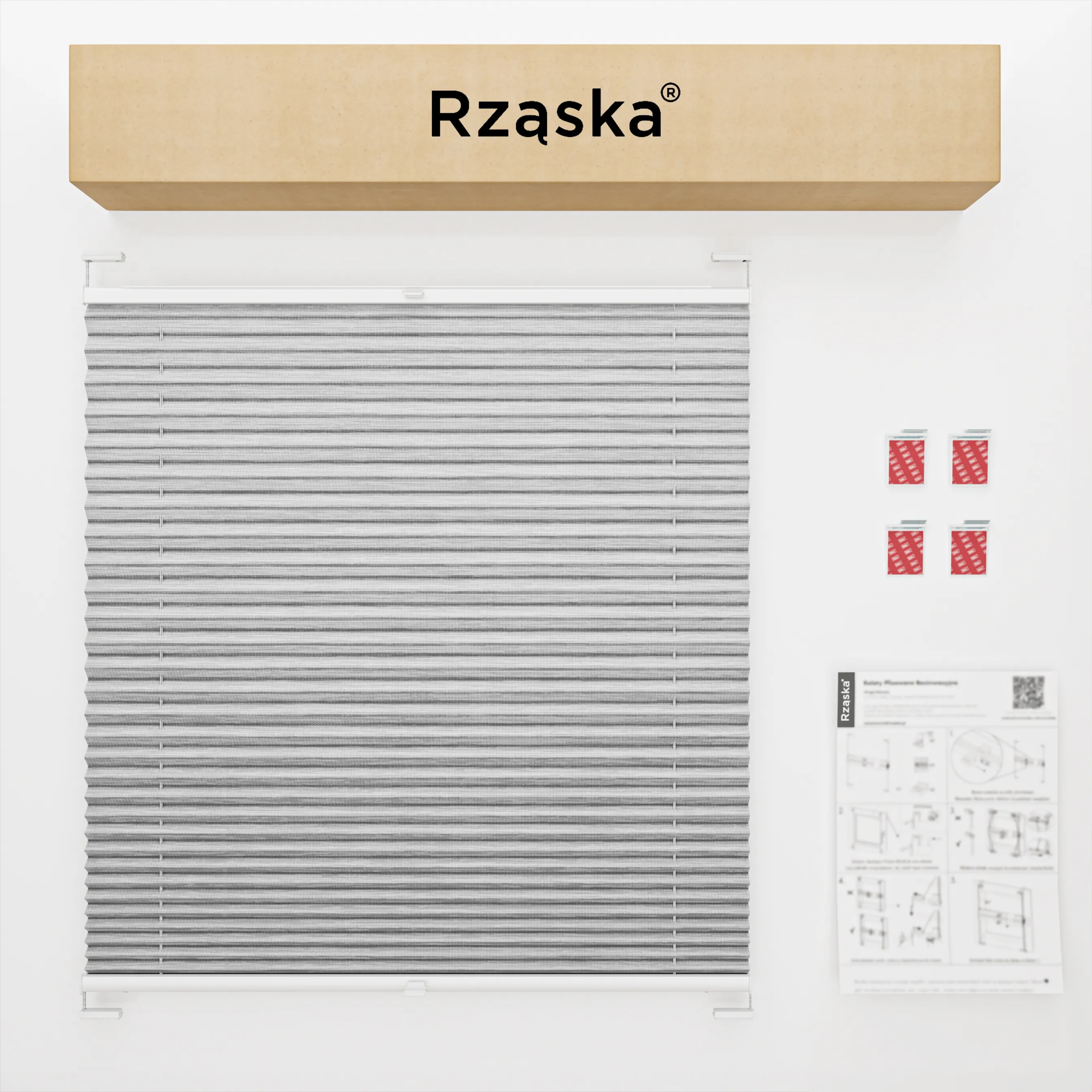 Bezinwazyjne rolety plisowane Rząska® na wymiar, uchwyty Risinfix do klejenia, kolekcja Dolomite w kolorze Szary sztorm, szarym z profilem białym.