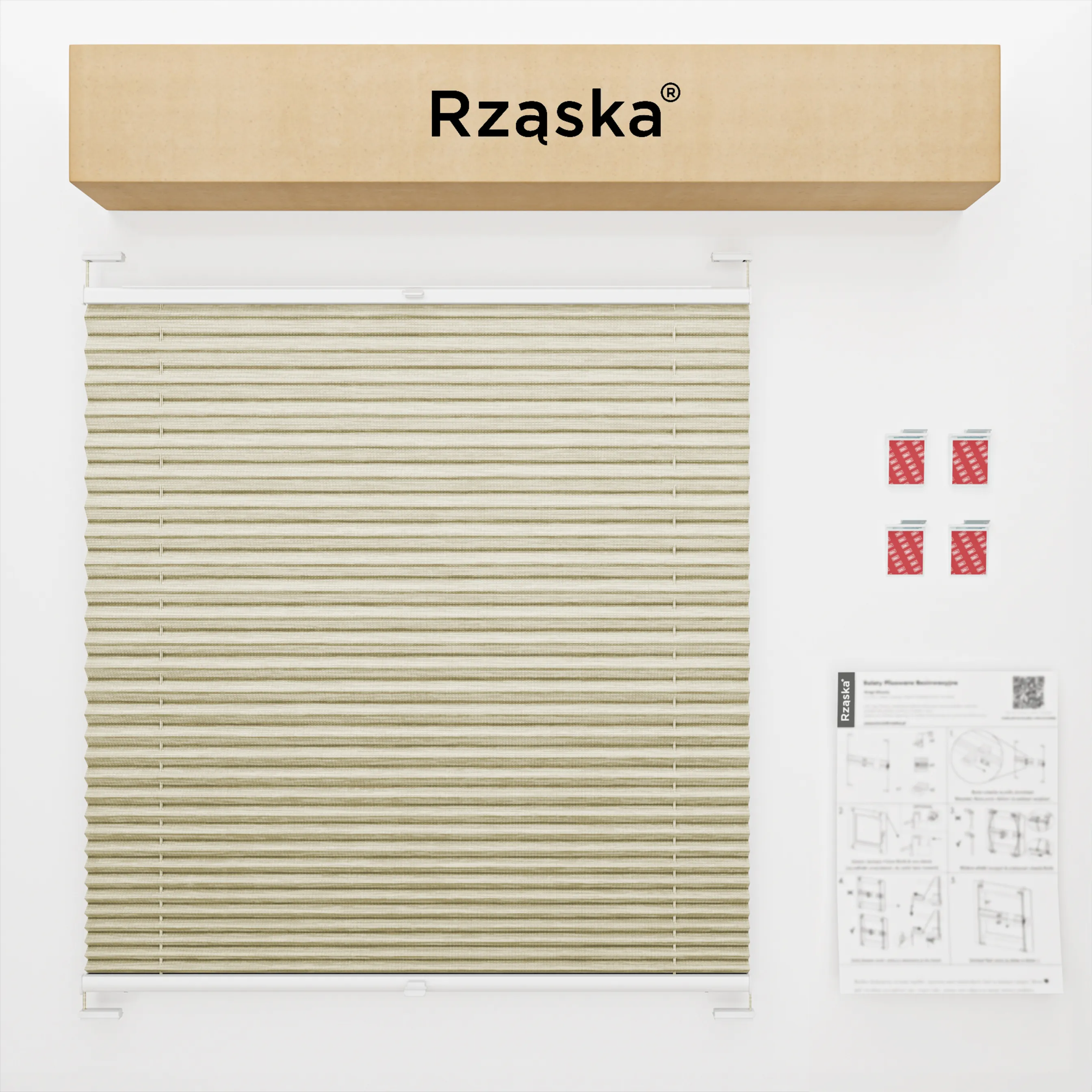 Bezinwazyjne rolety plisowane Rząska® na wymiar, uchwyty Risinfix do klejenia, kolekcja Dolomite w kolorze Lekka kawa, beżowym z profilem białym.