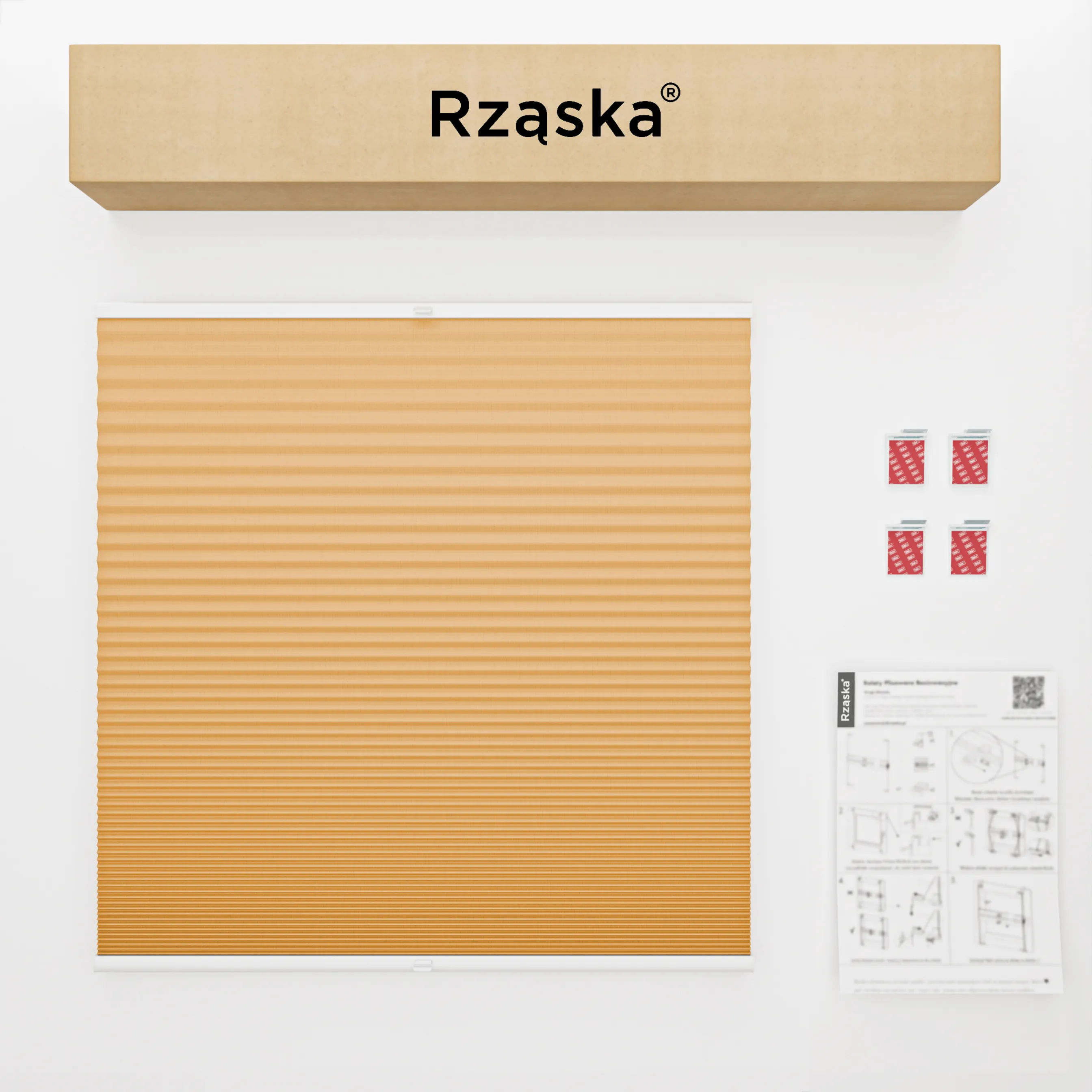 Bezinwazyjna roleta termoizolacyjna Rząska® na wymiar o strukturze plastra miodu kolekcja Honeycomb w kolorze Cytrusowa poświata, pomarańczowym z profilem brązowym.