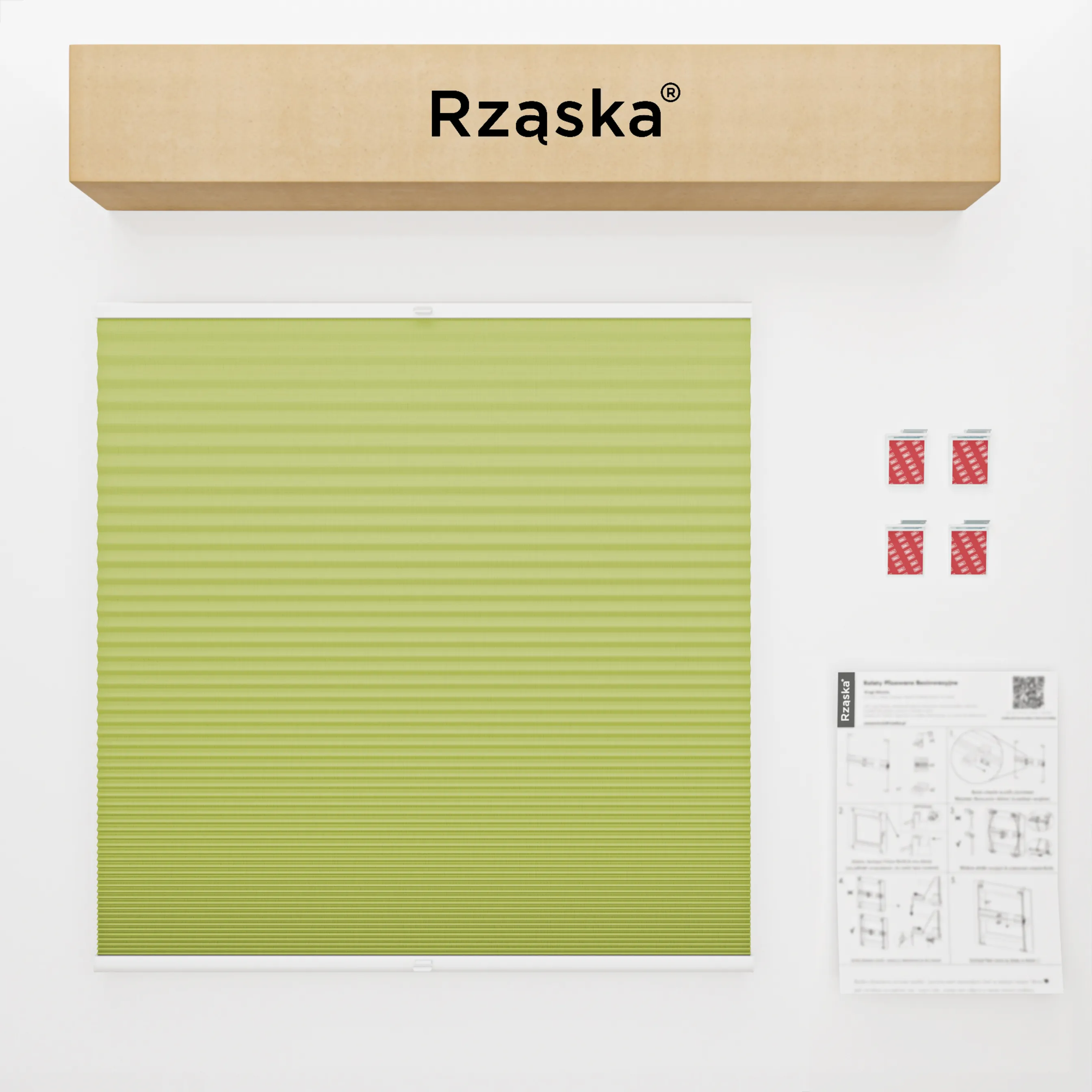 Bezinwazyjna roleta termoizolacyjna Rząska® na wymiar o strukturze plastra miodu kolekcja Honeycomb w kolorze Zielona herbata, zielonym z profilem białym.