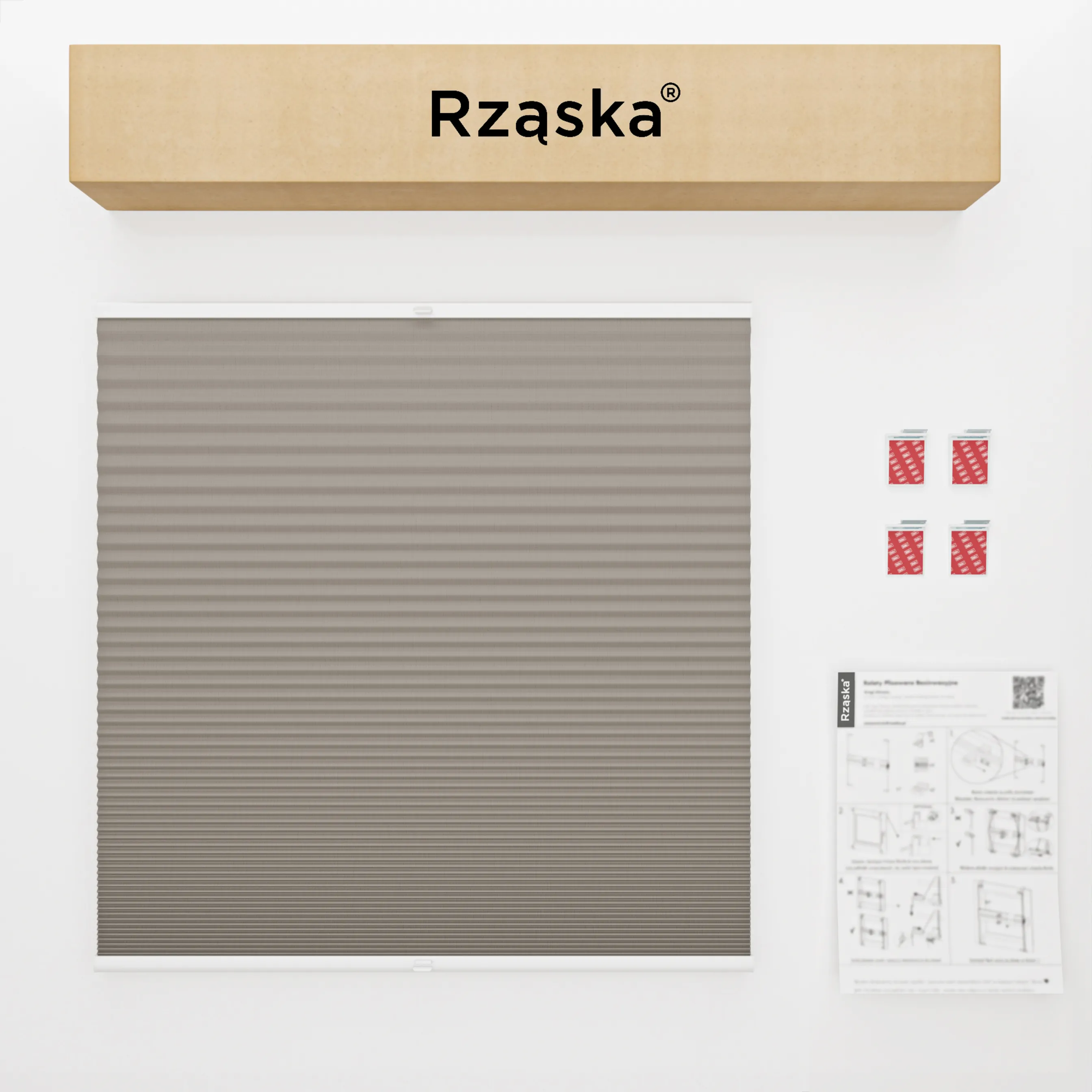 Bezinwazyjna roleta termoizolacyjna Rząska® na wymiar o strukturze plastra miodu kolekcja Honeycomb w kolorze Szary Dotyk, pastelowy szary z profilem antracytowym.