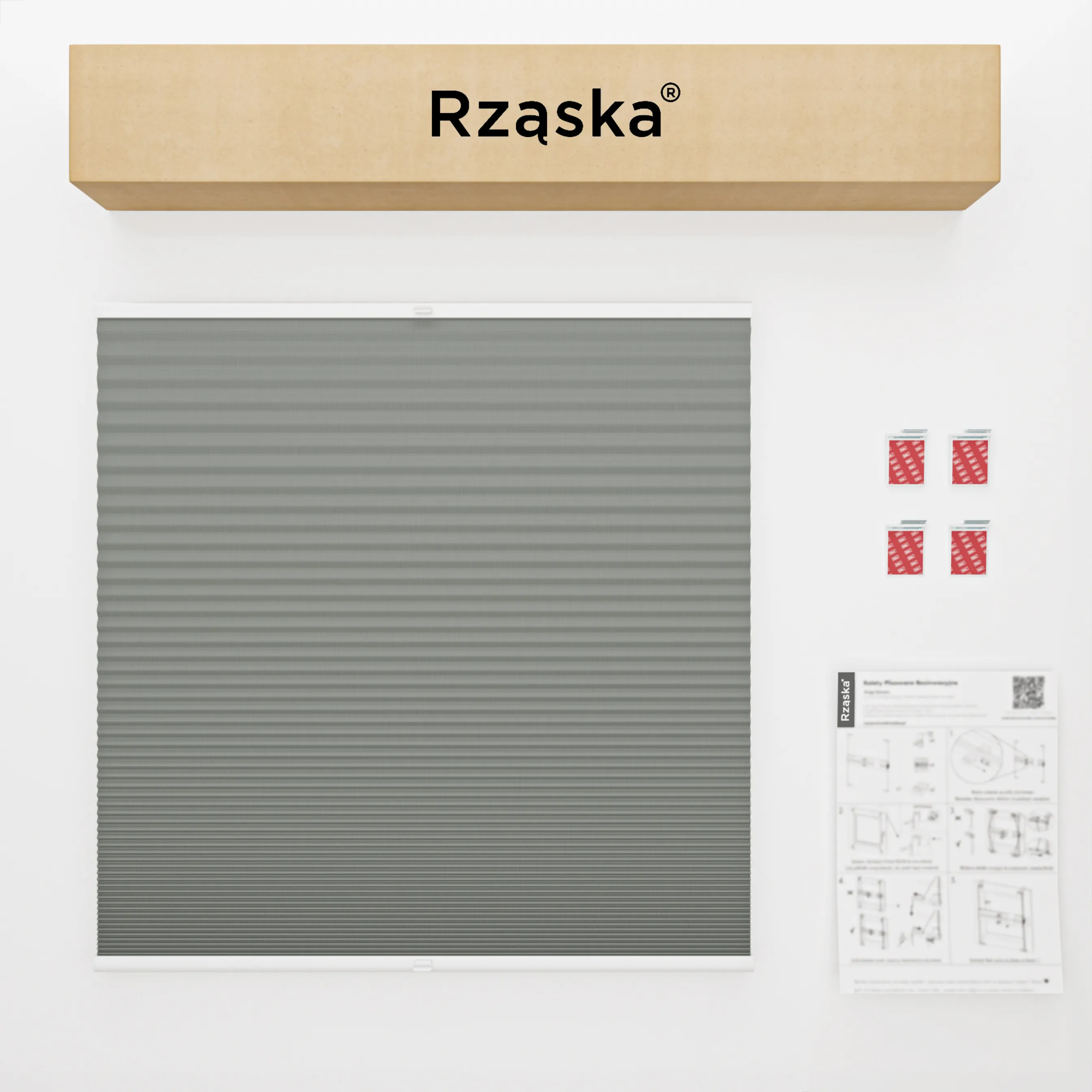 Bezinwazyjna roleta termoizolacyjna Rząska® na wymiar o strukturze plastra miodu kolekcja Honeycomb w kolorze Szept Poranka, jasnoszarym z profilem brązowym.