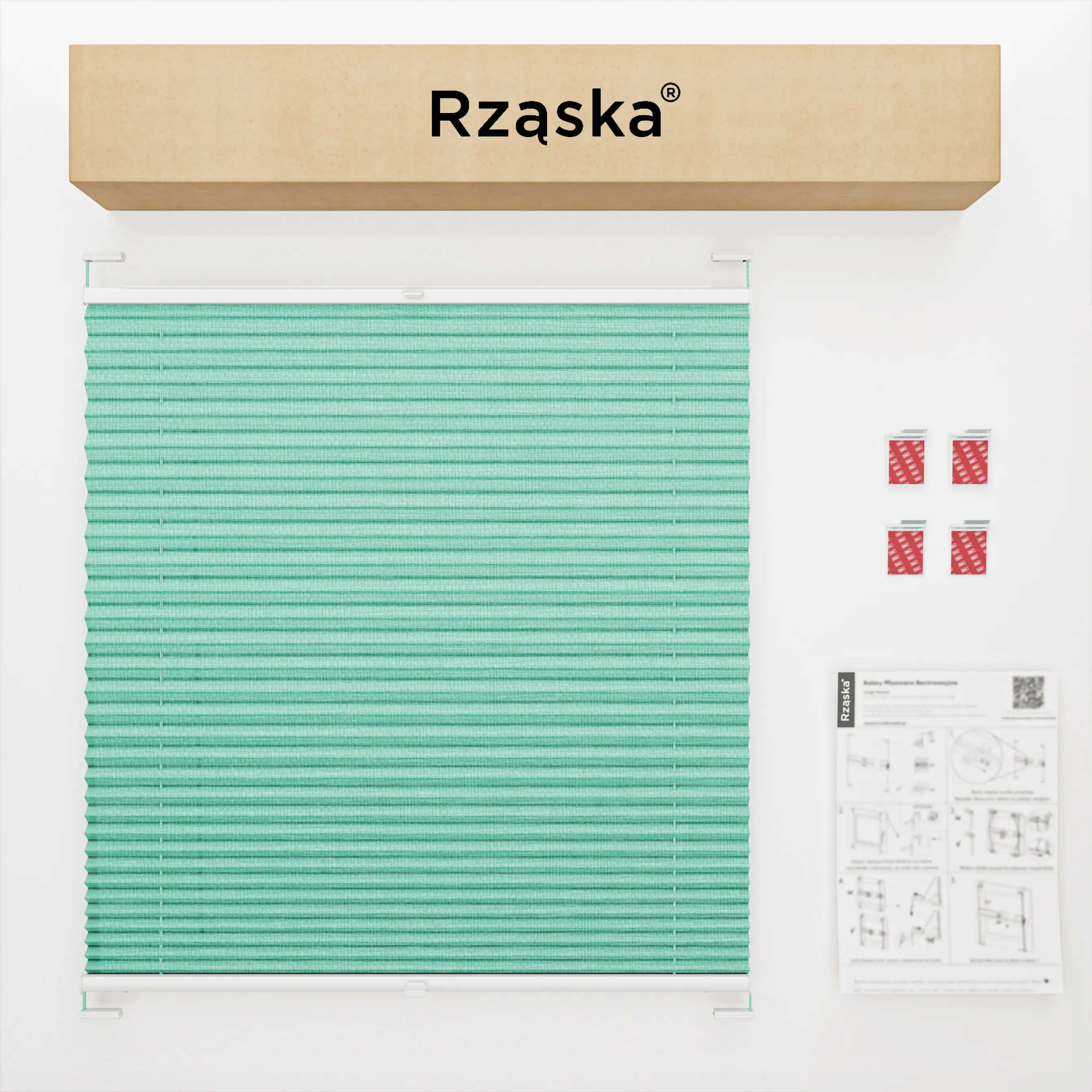 Bezinwazyjne rolety plisowane Rząska® na wymiar, uchwyty Risinfix do klejenia, kolekcja Melange w kolorze Miętowe lody, zielonym z profilem orzechowym.
