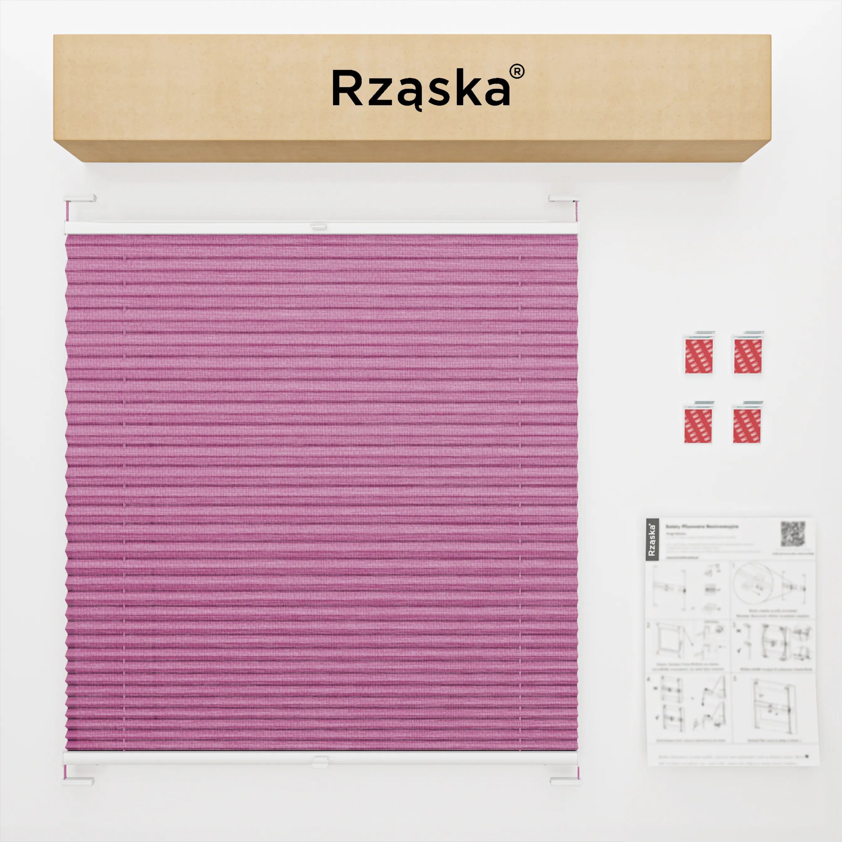 Bezinwazyjne rolety plisowane Rząska® na wymiar, uchwyty Risinfix do klejenia, kolekcja Melange w kolorze Magiczny róż, różowym z profilem antracytowym.