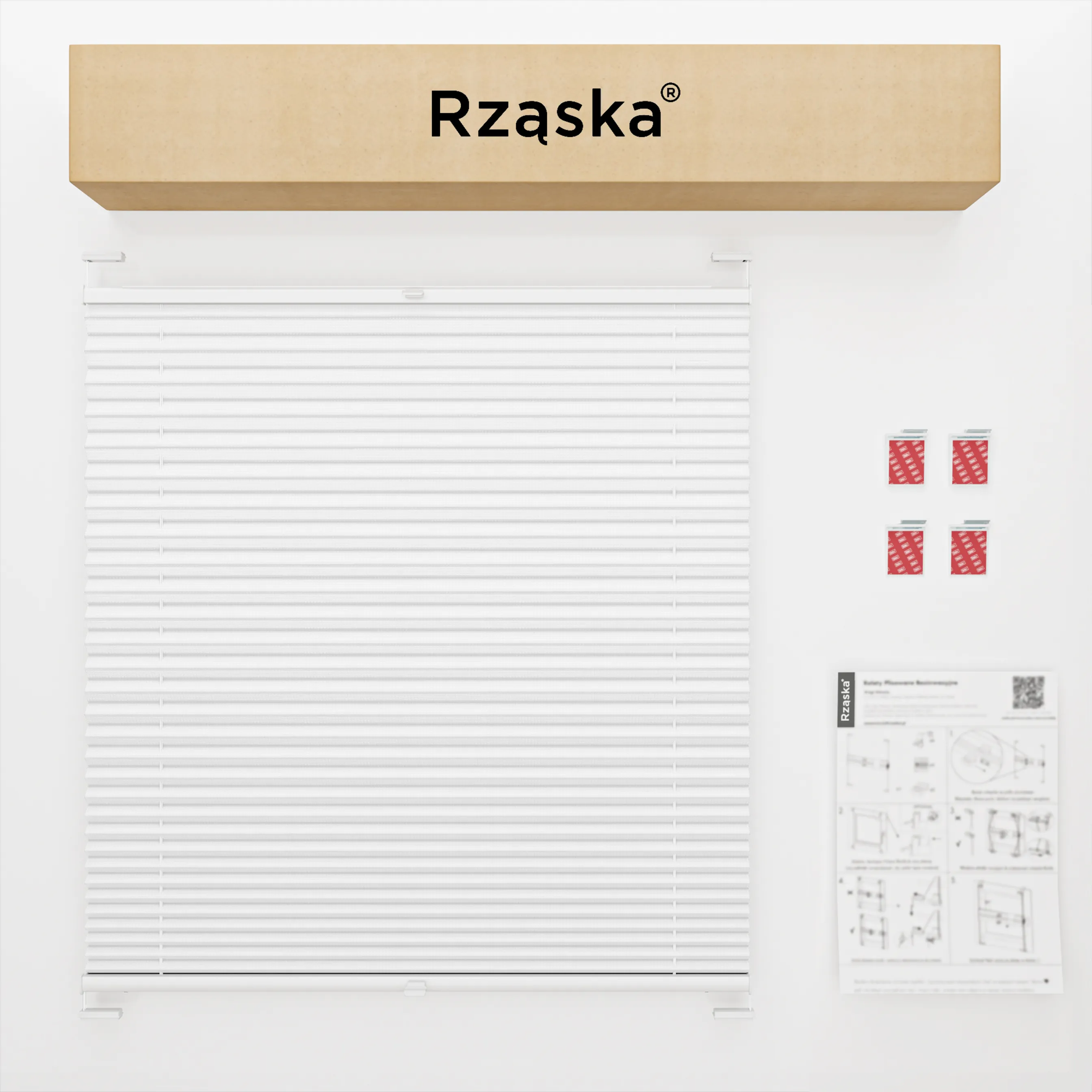 Bezinwazyjne rolety plisowane Rząska® na wymiar, uchwyty Risinfix do klejenia, kolekcja Premium w kolorze Białe święto, białym z profilem białym.