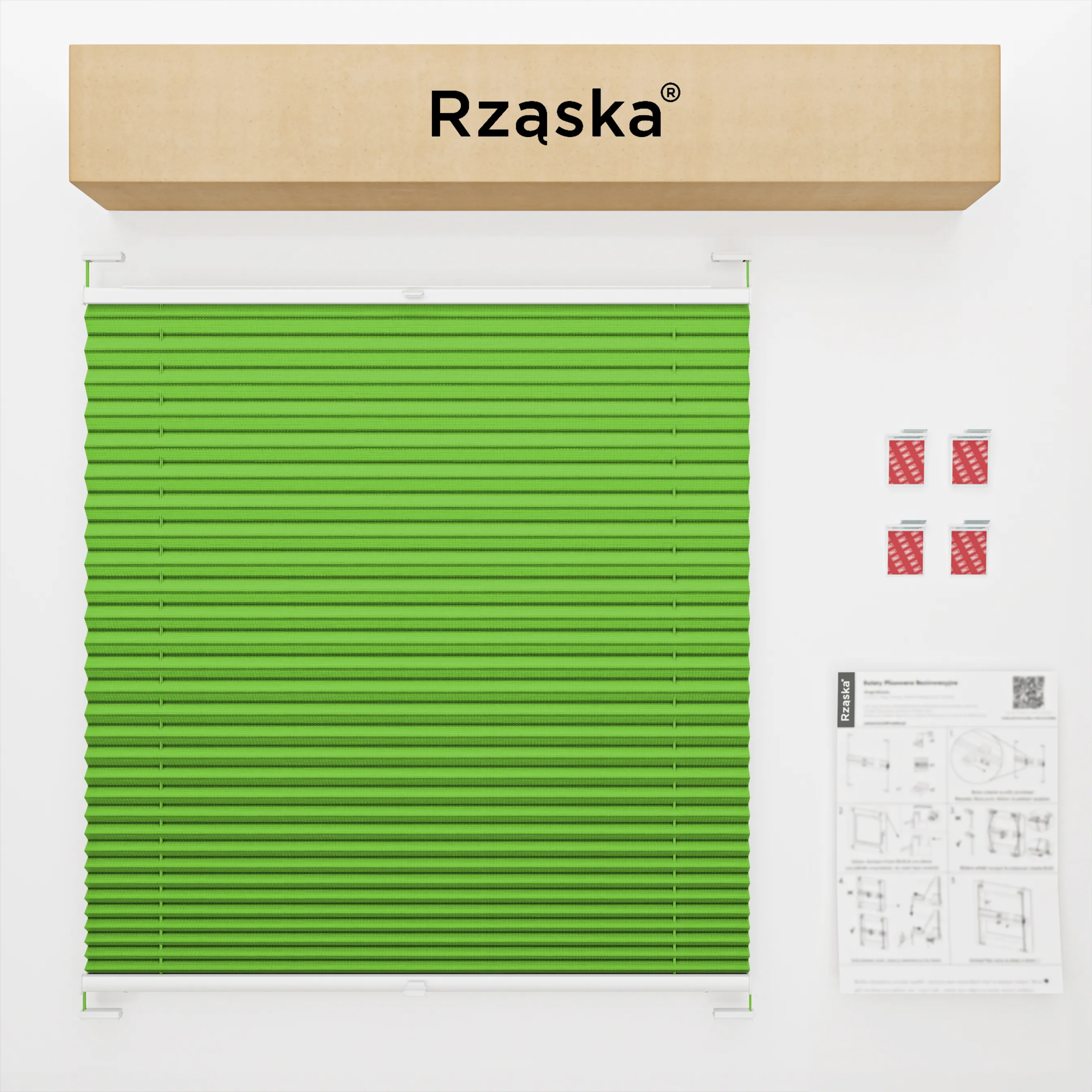 Bezinwazyjne rolety plisowane Rząska® na wymiar, uchwyty Risinfix do klejenia, kolekcja Premium w kolorze Zielona łąka, zielonym z profilem białym.