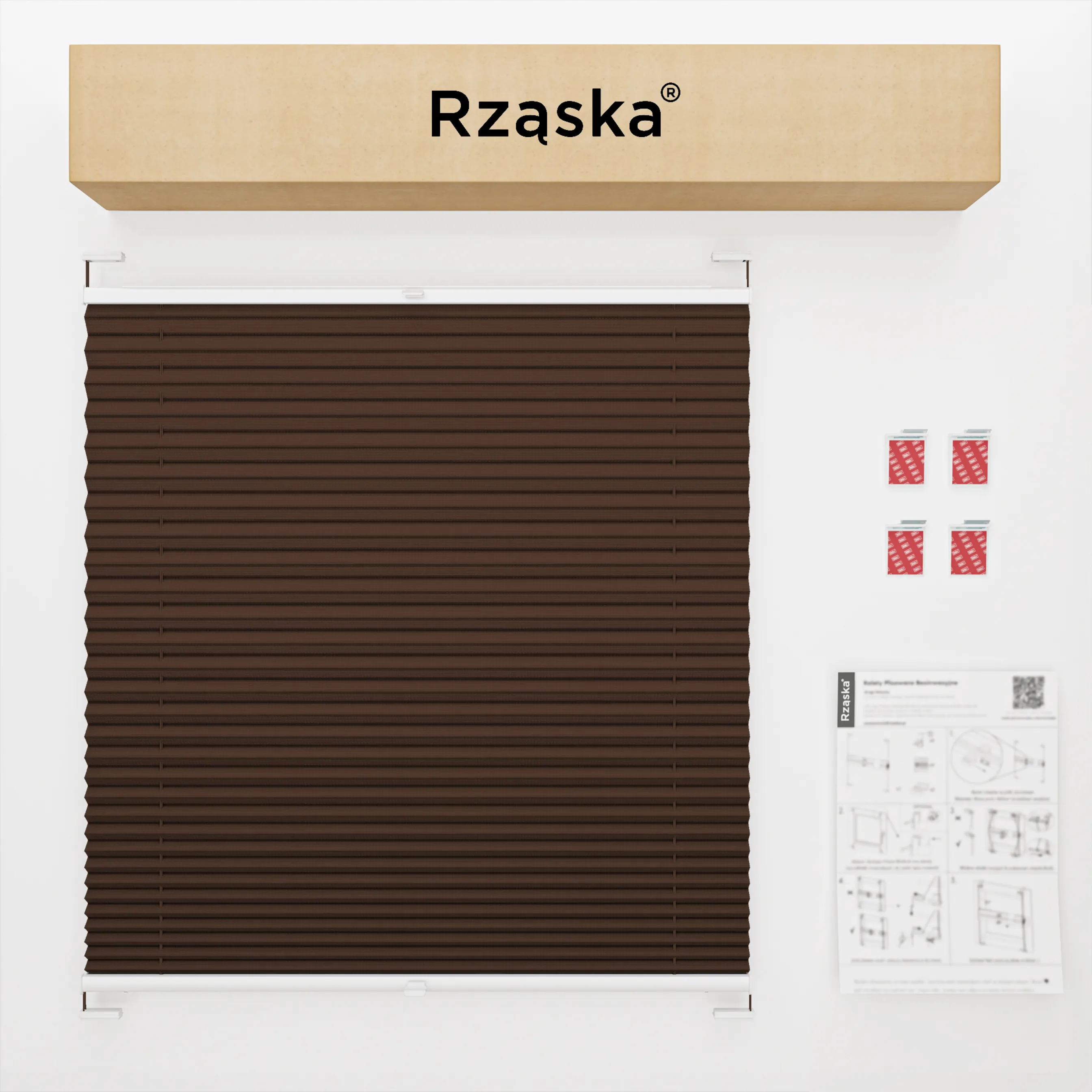 Bezinwazyjne rolety plisowane Rząska® na wymiar, uchwyty Risinfix do klejenia, kolekcja Premium w kolorze Gorąca czekolada, ciemnego brązu z profilem brązowym.