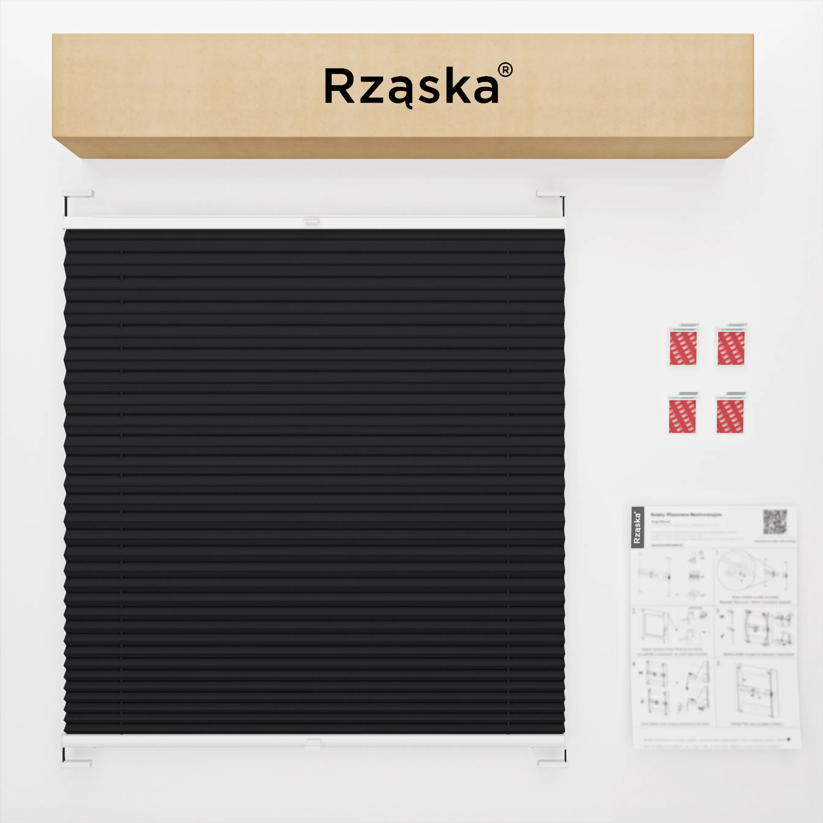 Bezinwazyjne rolety plisowane Rząska® na wymiar, uchwyty Risinfix do klejenia, kolekcja Premium w kolorze Śląski węgiel, czarnym z profilem antracytowym.