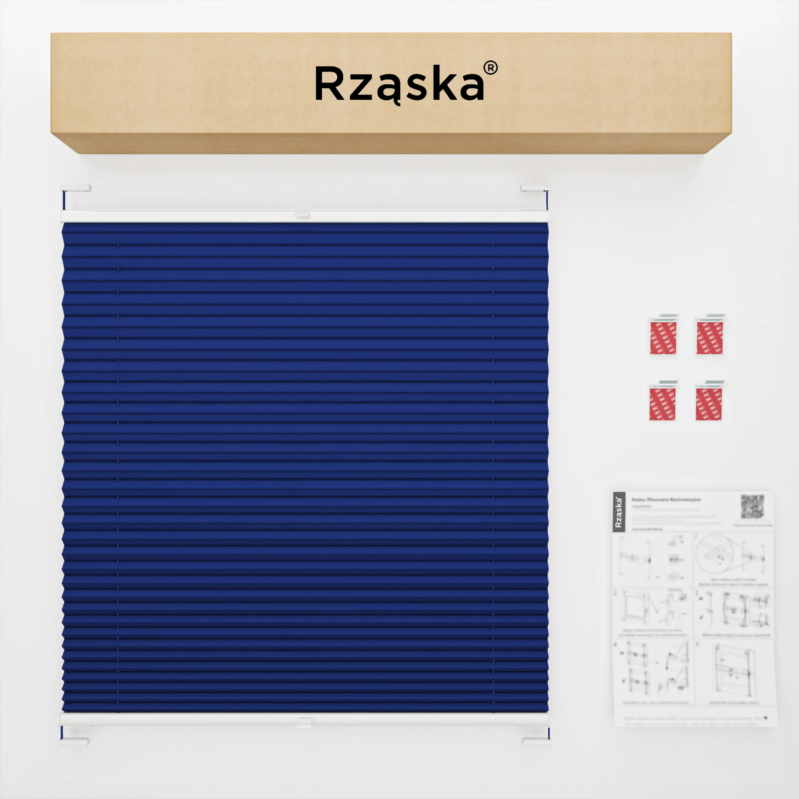 Bezinwazyjne rolety plisowane Rząska® na wymiar, uchwyty Risinfix do klejenia, kolekcja Premium w kolorze Błękitna laguna, niebieskim z profilem białym.