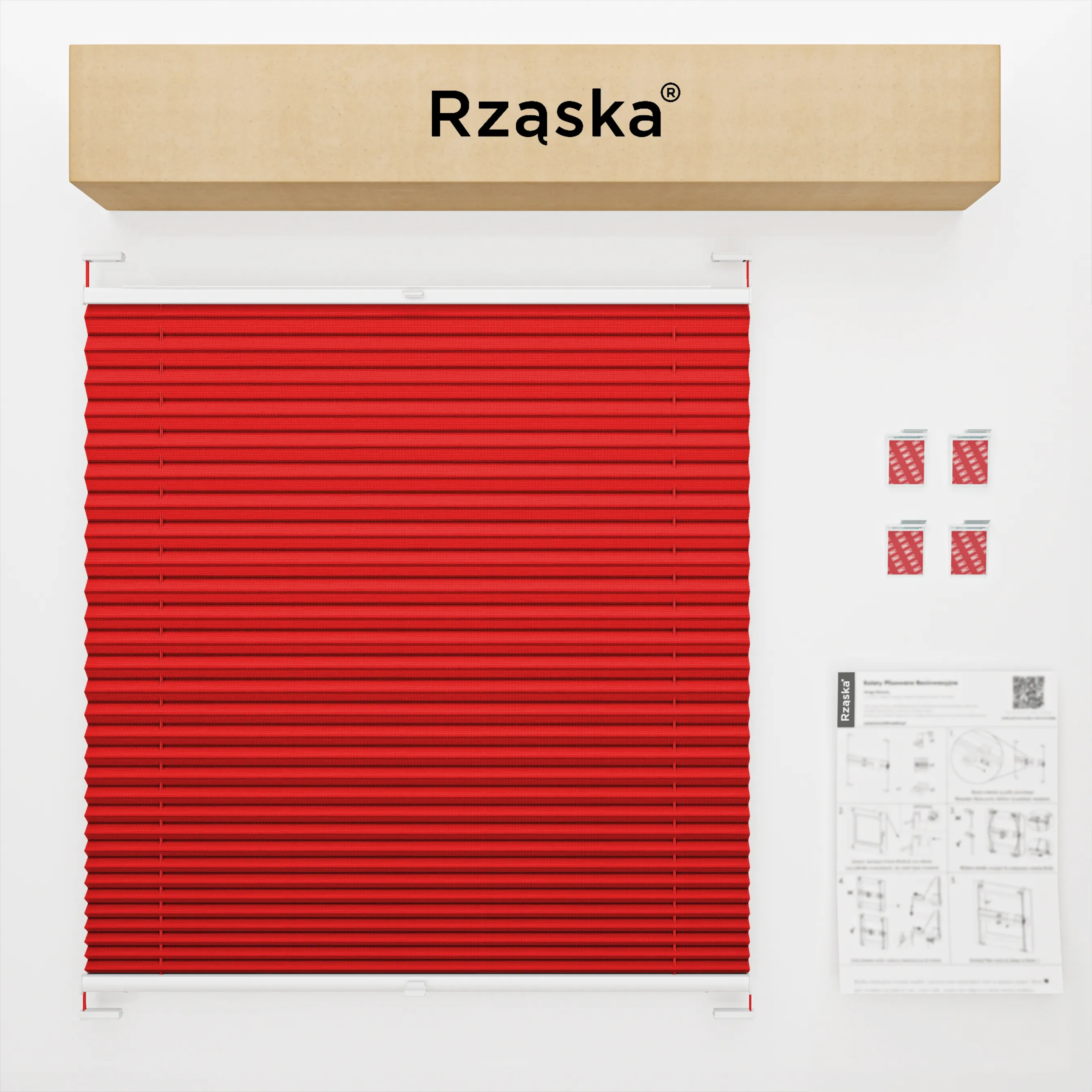 Bezinwazyjne rolety plisowane Rząska® na wymiar, uchwyty Risinfix do klejenia, kolekcja Thermo w kolorze Urok wiśni, czerwonym z profilem orzechowym.