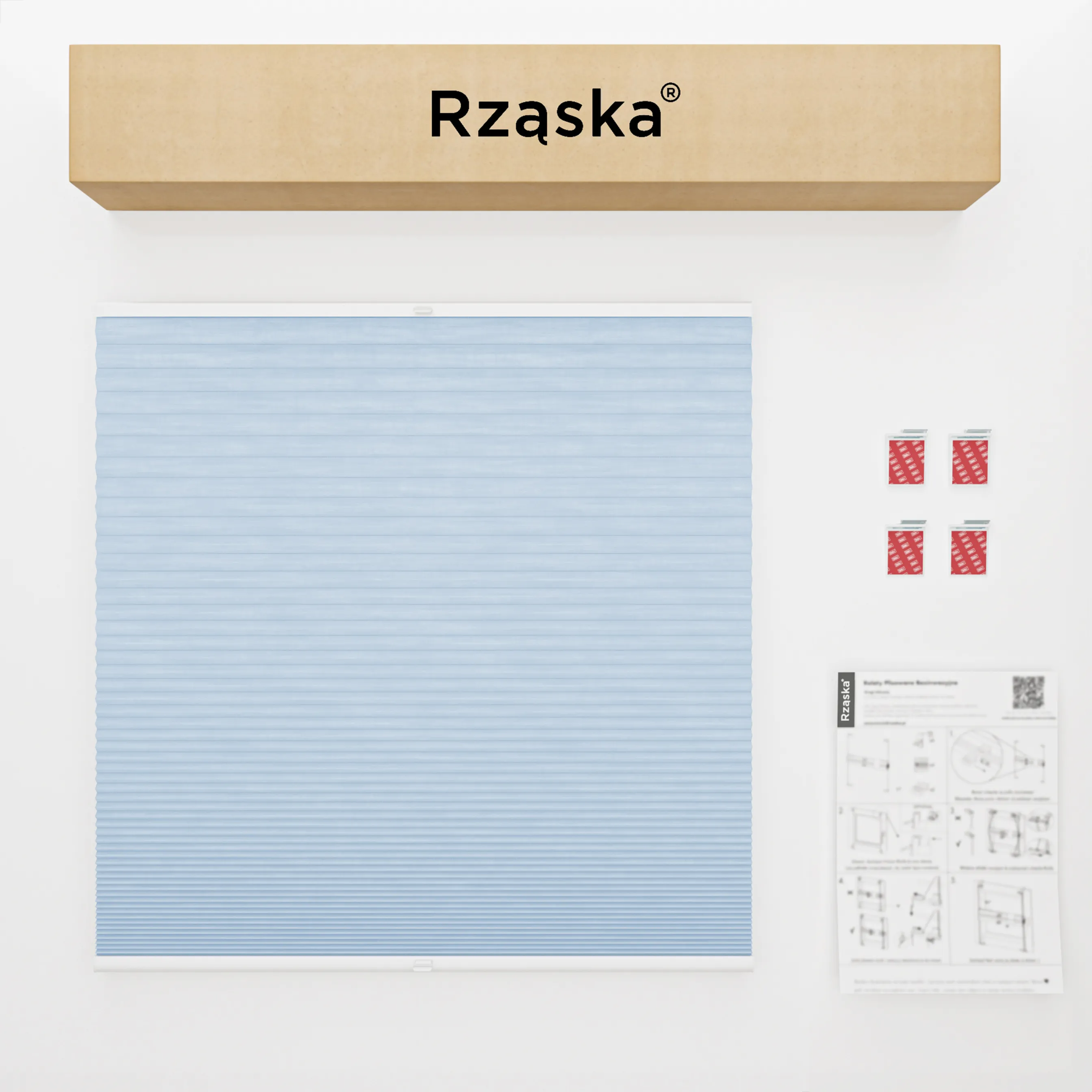 Rząska® bezinwazyjna roleta termoizolacyjna na wymiar • Thermo Honeycomb (Plaster Miodu): kolor tkaniny Niebiański sorbet, jasnoniebieski • Risinfix do klejenia 2w1 • kolor profili biały