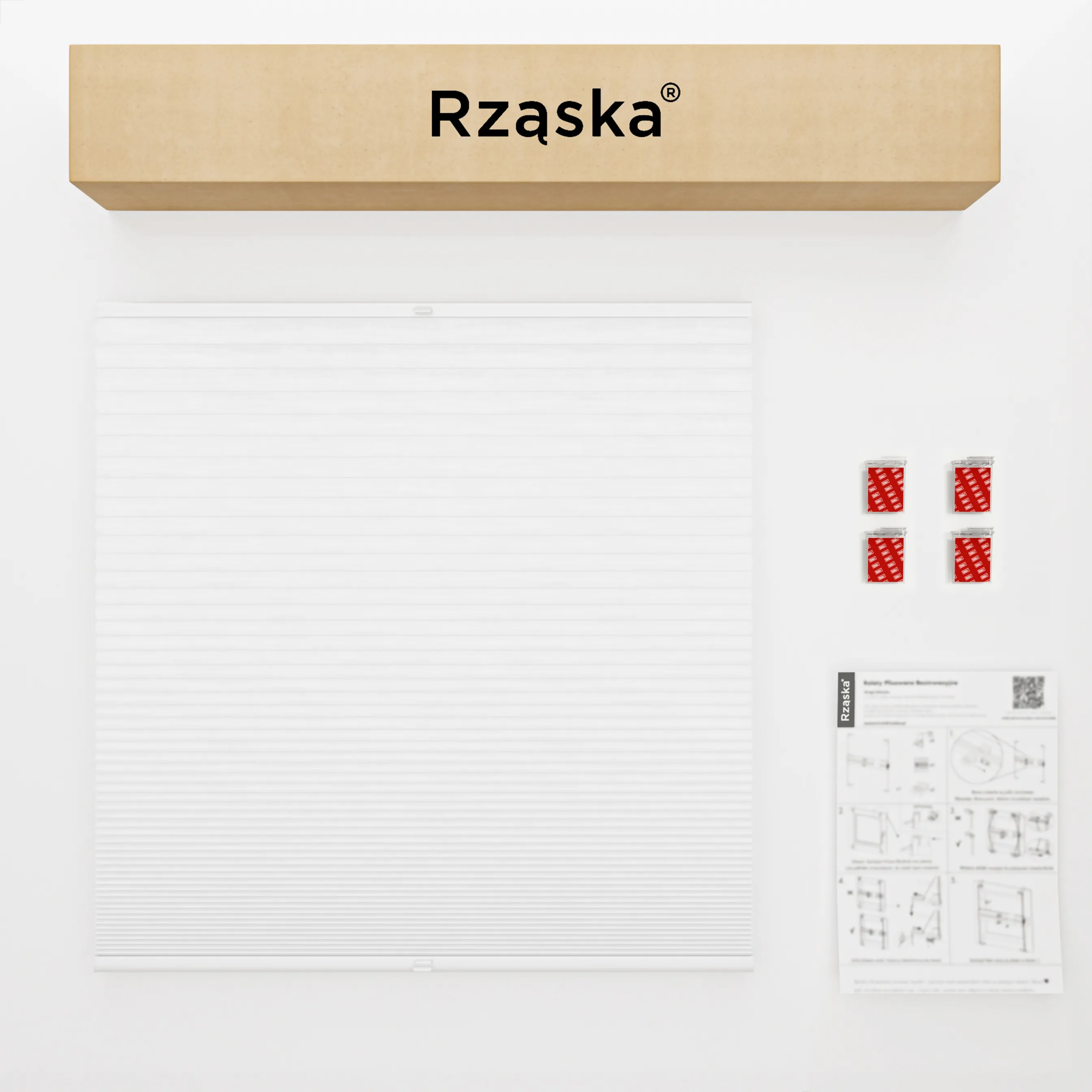 Rząska® bezinwazyjna roleta termoizolacyjna na wymiar • Thermo Honeycomb (Plaster Miodu): kolor tkaniny Kokosowy Mus, biały • Risinfix do klejenia 2w1 (transparent) • Kolor profili: brązowy