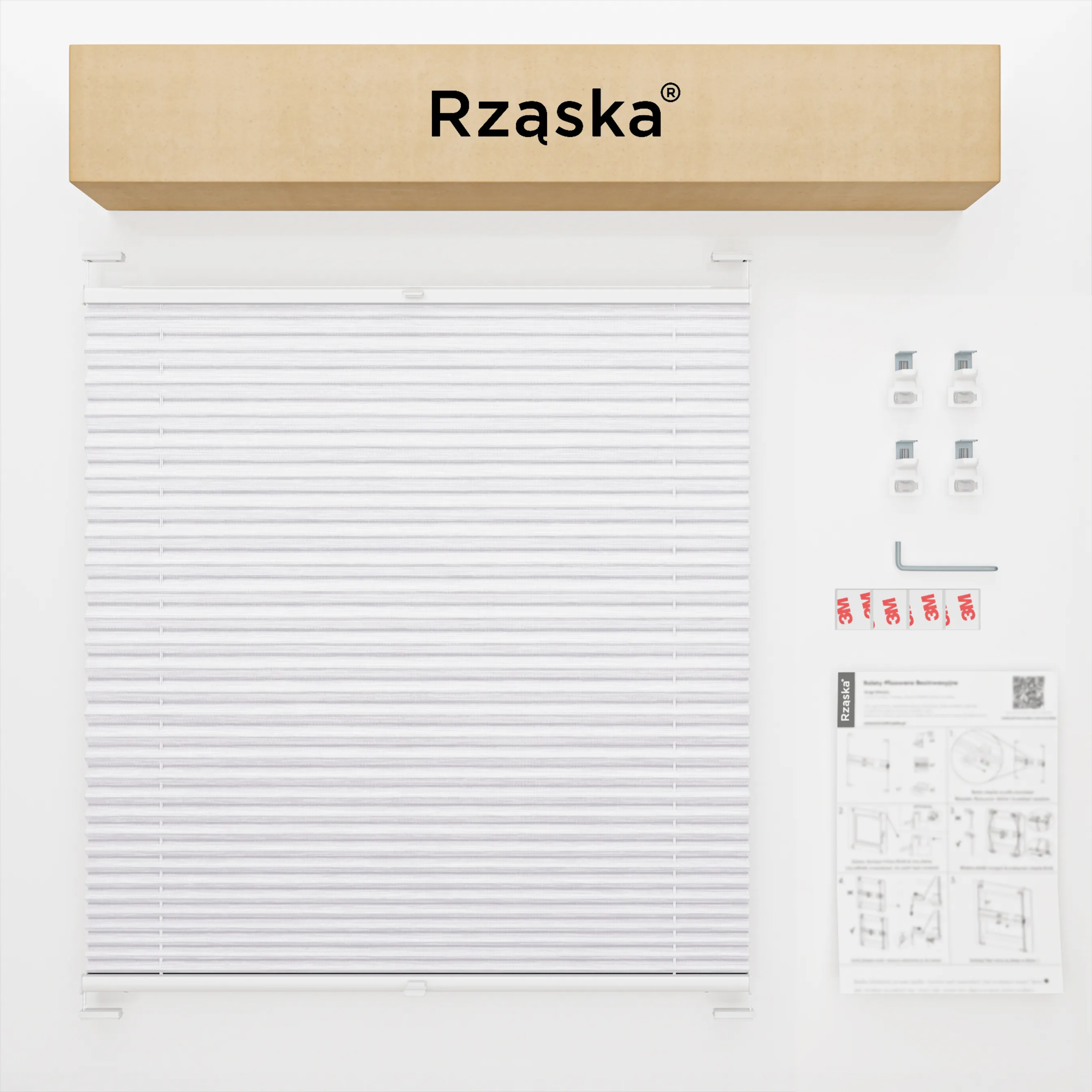 Bezinwazyjne rolety plisowane Rząska® na wymiar, uchwyty Risinfix do zaciskania na imbus, kolekcja Dolomite w kolorze Zimny poranek, szarym z profilem białym.