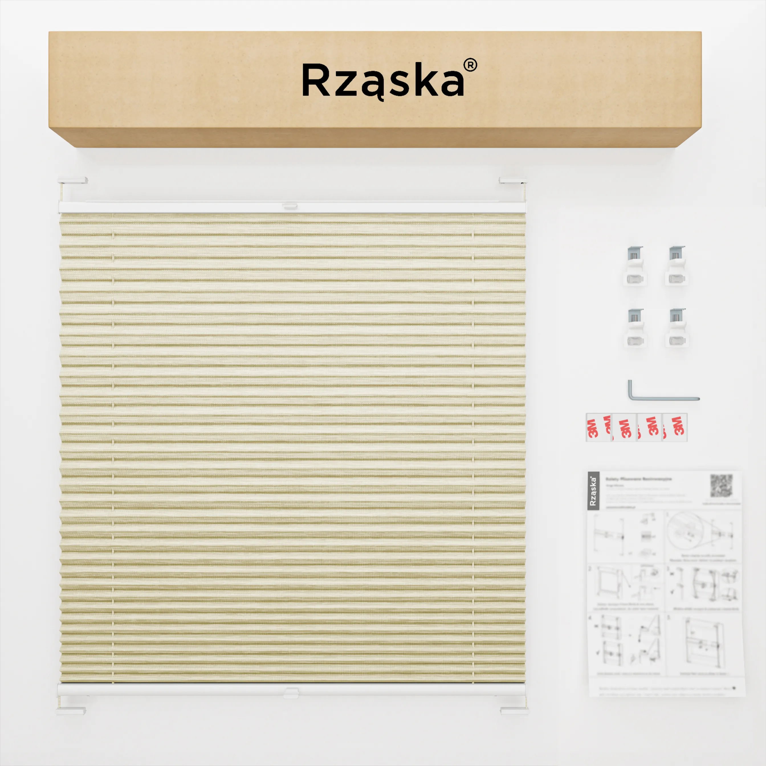 Bezinwazyjne rolety plisowane Rząska® na wymiar, uchwyty Risinfix do zaciskania na imbus, kolekcja Dolomite w kolorze Mokry piasek, beżowym z profilem orzechowym.
