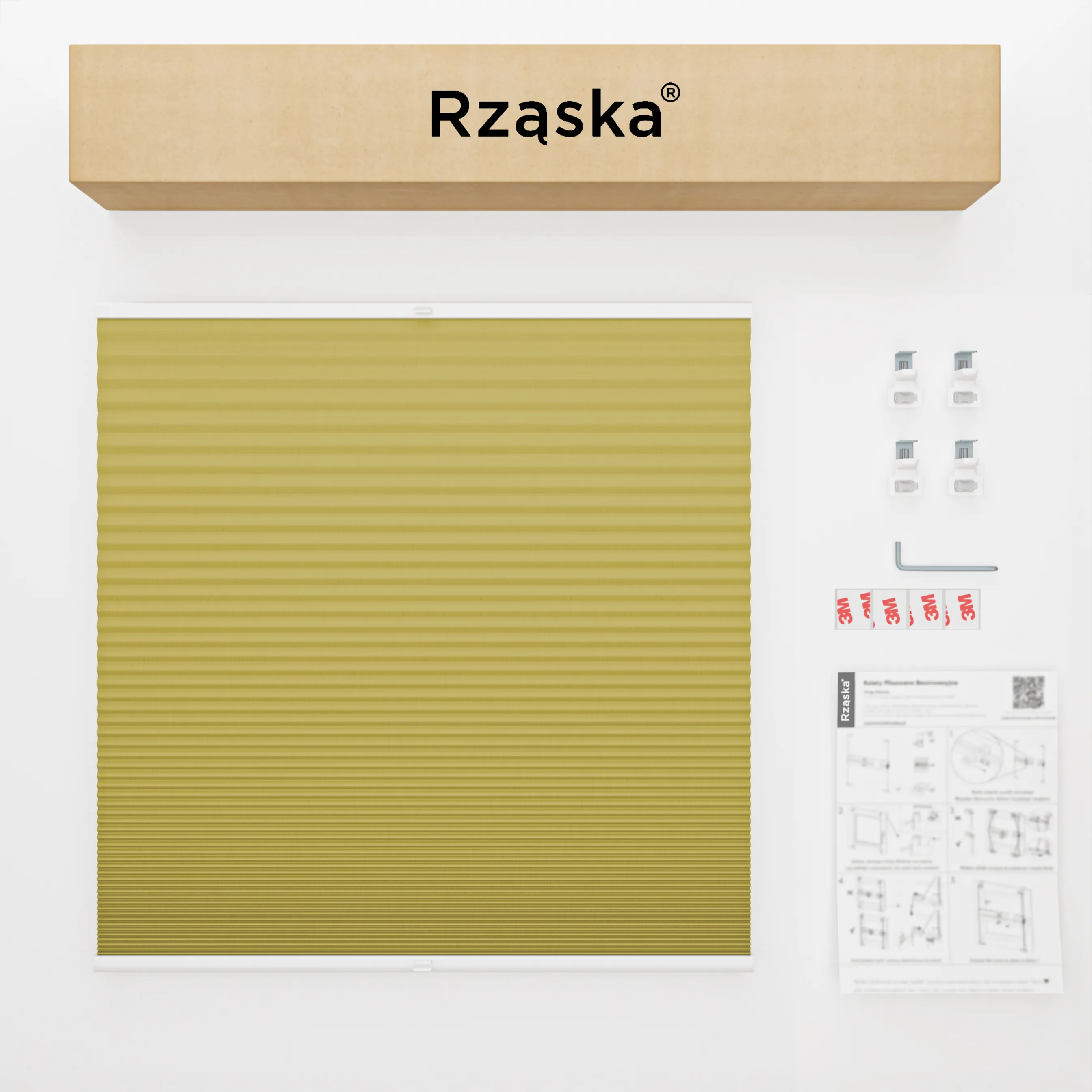 Bezinwazyjne plisy Blackout Rząska® na wymiar o strukturze plastra miodu kolekcja Honeycomb w kolorze Gałązka oliwna, żółtym z profilem brązowym.