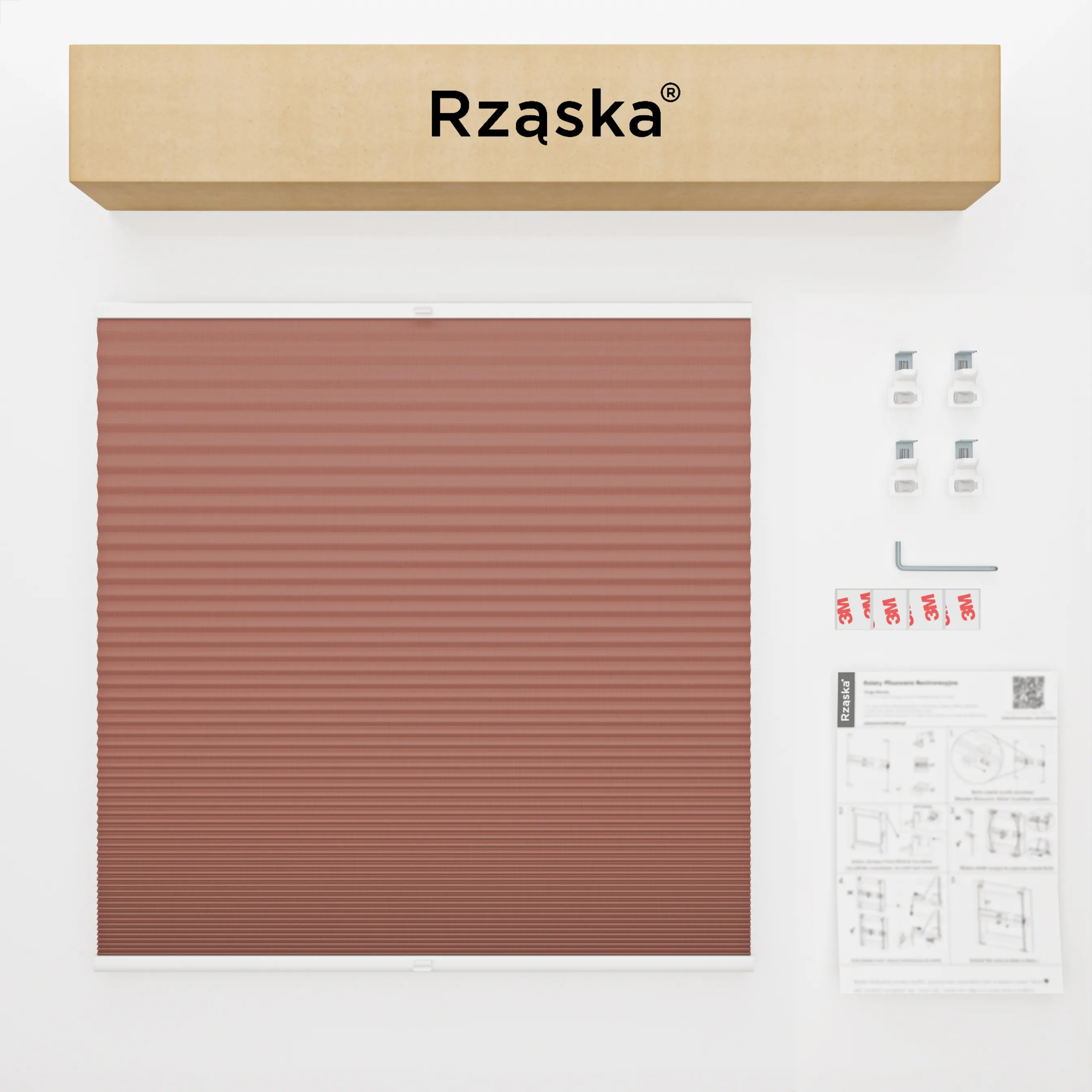 Bezinwazyjne plisy Blackout Rząska® na wymiar o strukturze plastra miodu kolekcja Honeycomb w kolorze Płatek maku, czerwonym z profilem brązowym.