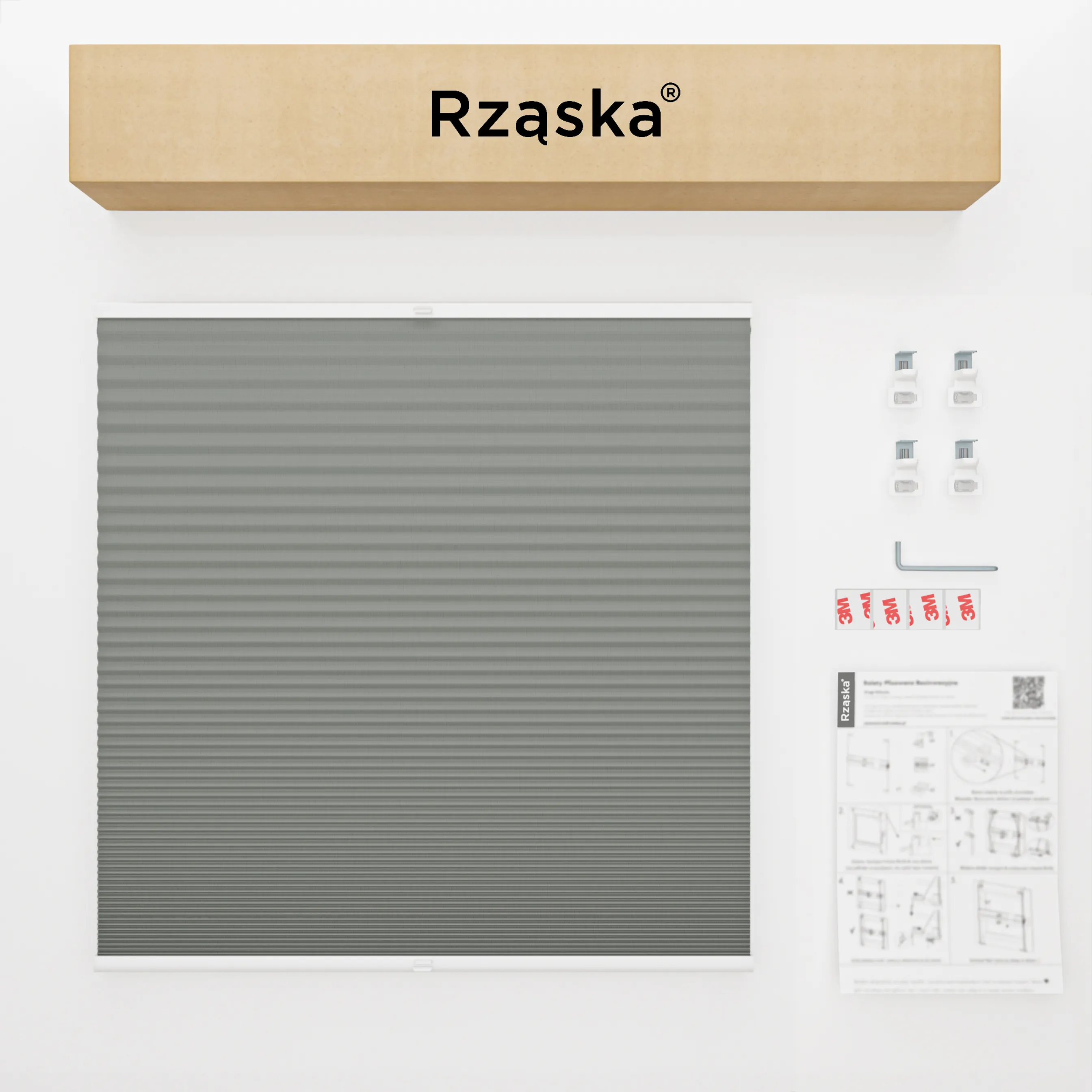 Bezinwazyjne plisy Blackout Rząska® na wymiar o strukturze plastra miodu kolekcja Honeycomb w kolorze Szept Poranka, jasnoszarym z profilem antracytowym.