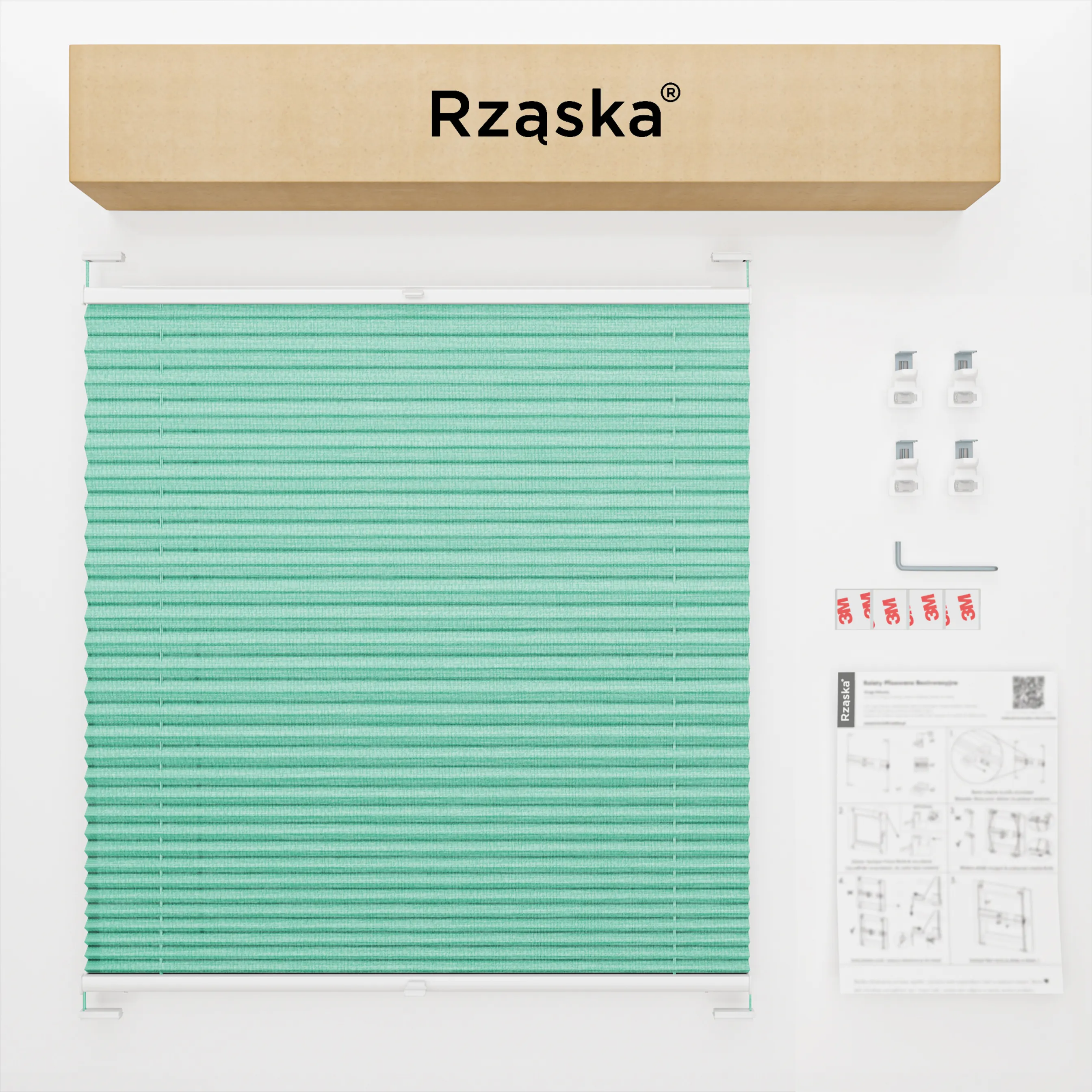Bezinwazyjne plisy do okien Rząska® na wymiar, uchwyty Risinfix do zaciskania na imbus, kolekcja Melange w kolorze Miętowe lody, zielonym z profilem białym.