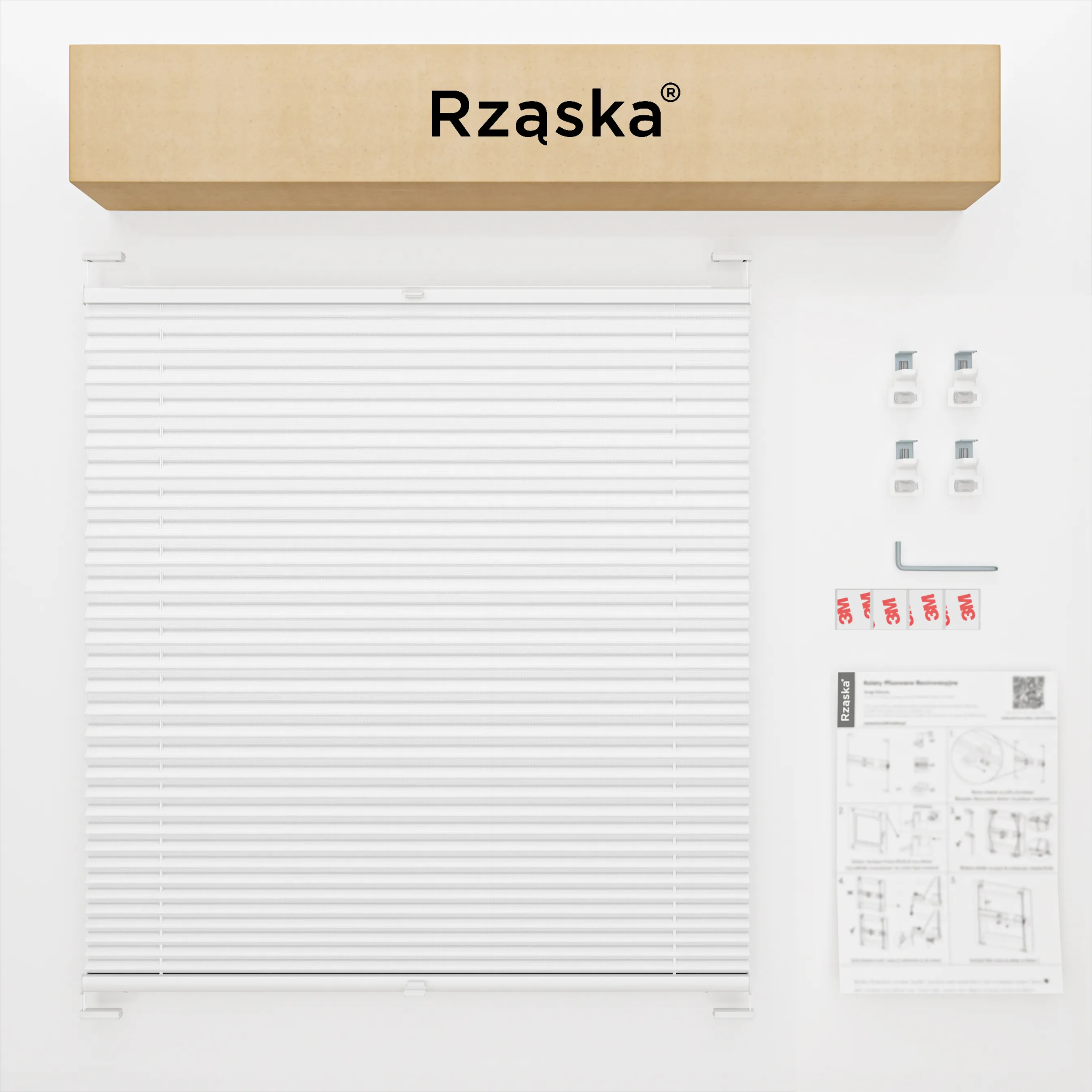 Inwazyjne rolety na okna Rząska® pod wymiar, uchwyty Risinfix do przykręcania, kolekcja Premium w kolorze Białe święto, białym z profilem dębowym.