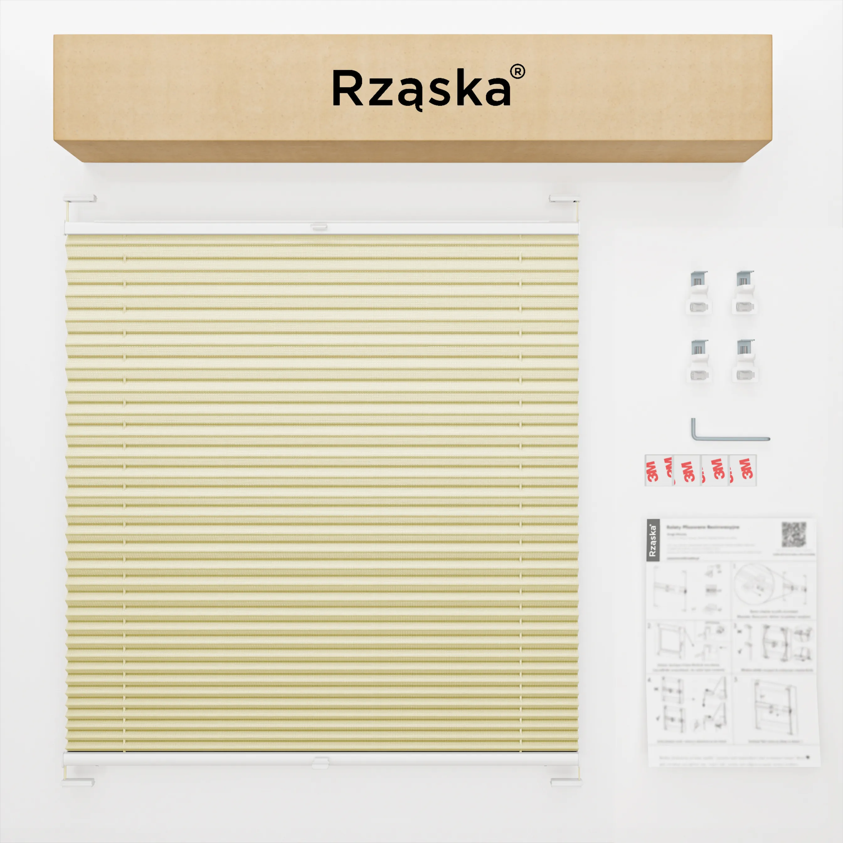 Inwazyjne rolety okienne wewnętrzne Rząska® na wymiar, uchwyty Risinfix Double 2w1, kolekcja Premium w kolorze Lody waniliowe, kremowym z profilem białym.